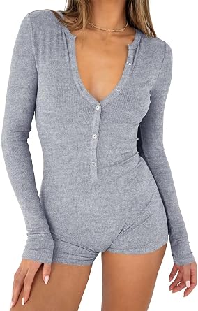 LACOZY Long Sleeve V Neck Rompers for Women Sexy Y2k One Piece Shorts Jumpsuit Bodycon Pajama Set Gym Bodysuit