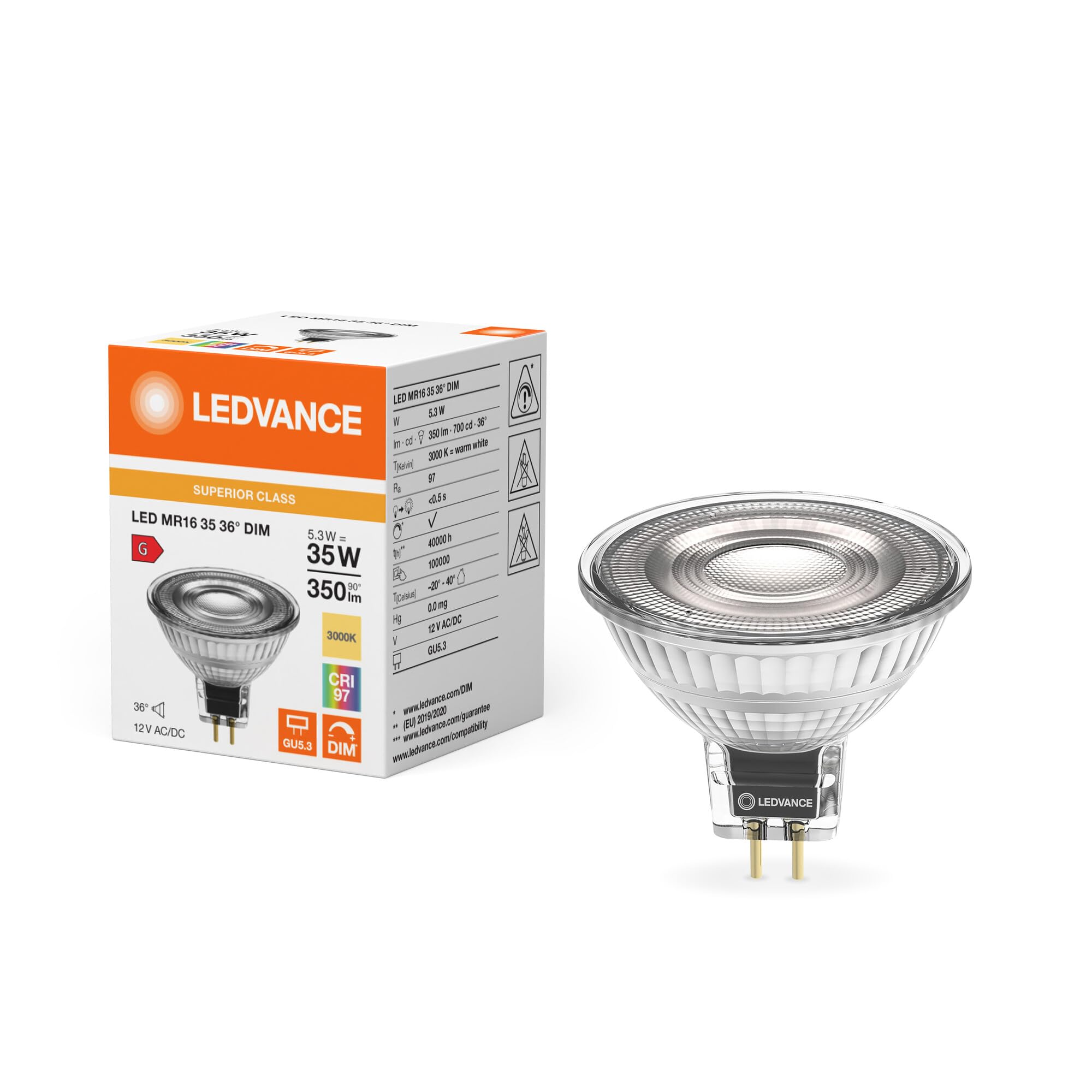 Ledvance 5.3W Led Gu5.3 Mr16 Bulb, 3000K, 375Lm, Dimmable