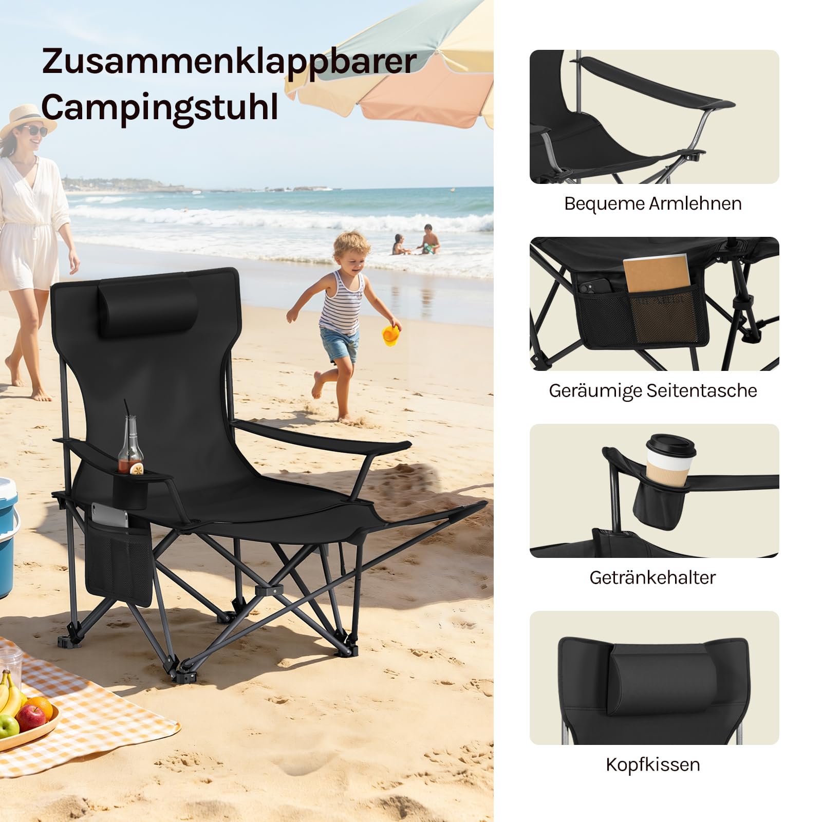 WOLTU Campingstuhl Faltbar mit Fußablage,2-in-1 Strandstuhl klappbar,Angelstuhl Camping Klappstuhl mit Getränkehalter Aufbewahrungstasche für Camping Strand Angeln