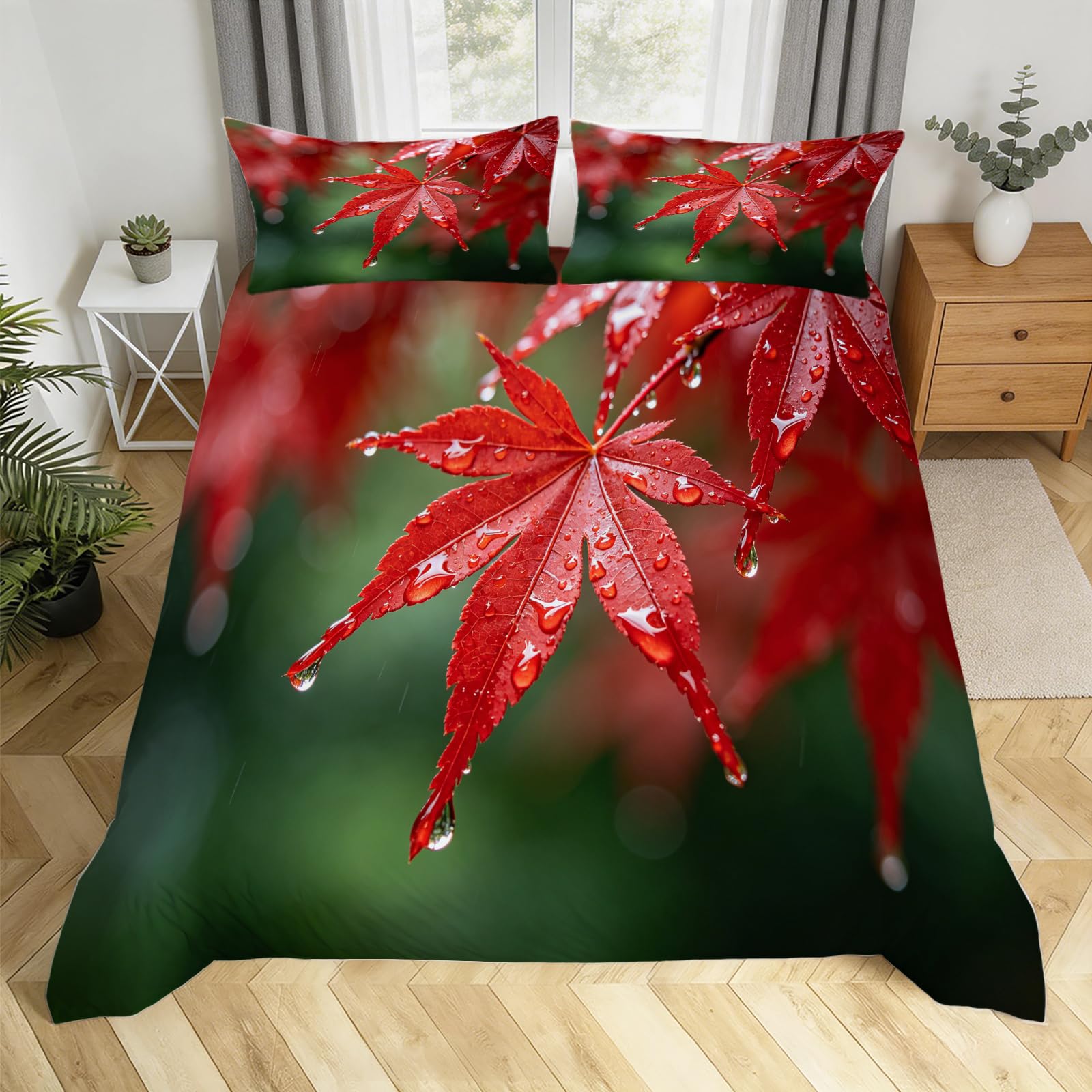 Housse de couette 240x280 cm feuilles d'érable rouges avec 2 taies d'oreiller H.1794