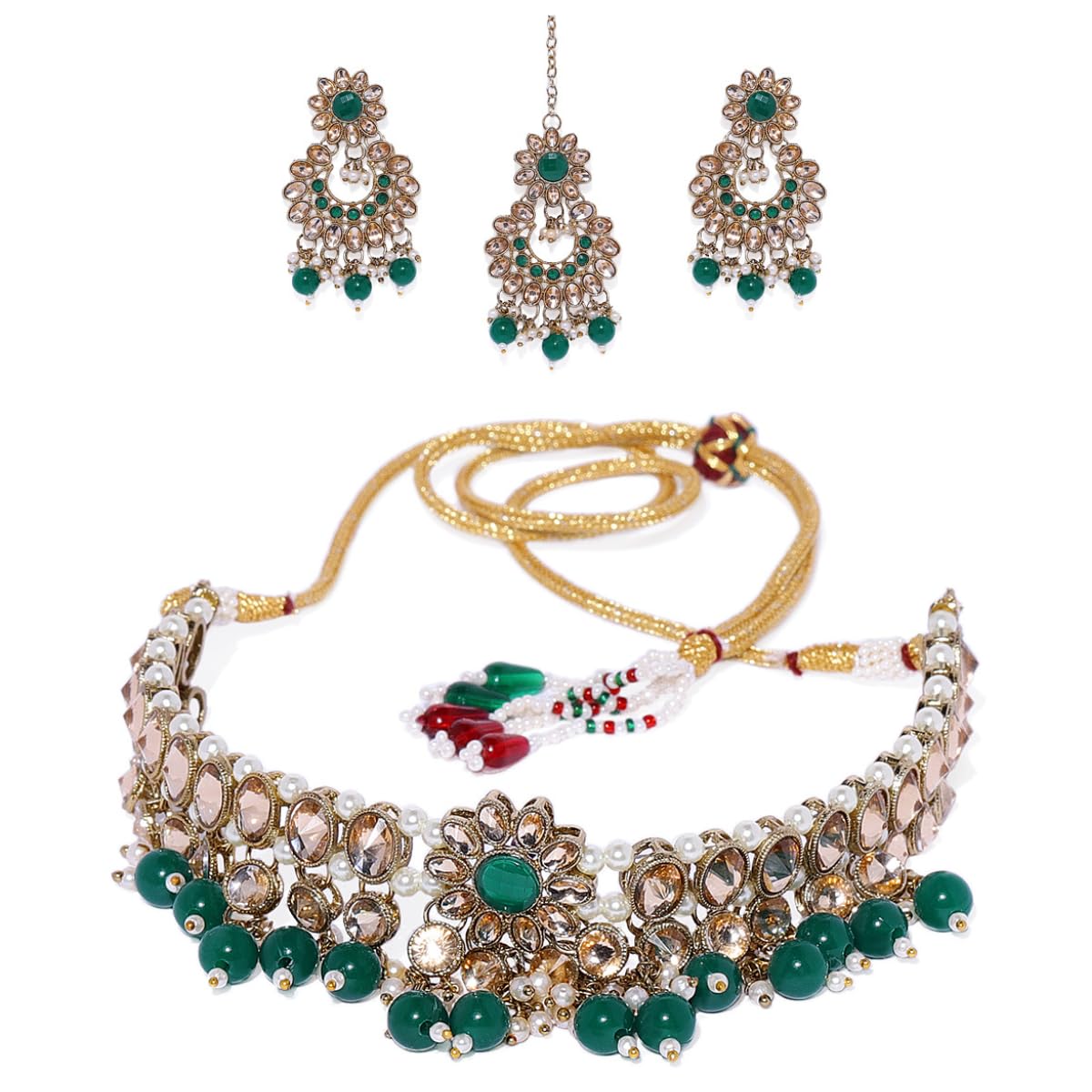 JWELLA Lightweight Antique Traditional Gold Plated Green Kundan and Pearl Moti Choker Necklace Set with Chandbali Earrings and Maang Tikka Combo Set For Women and Girls (B0D9XR9NNH) Amazon Price History, Amazon Price Tracker