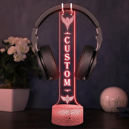 Miniatura 3 de NAZENTI Soporte LED personalizado para auriculares con nombre, soporte para auriculares iluminado, escritorio de juegos personalizado