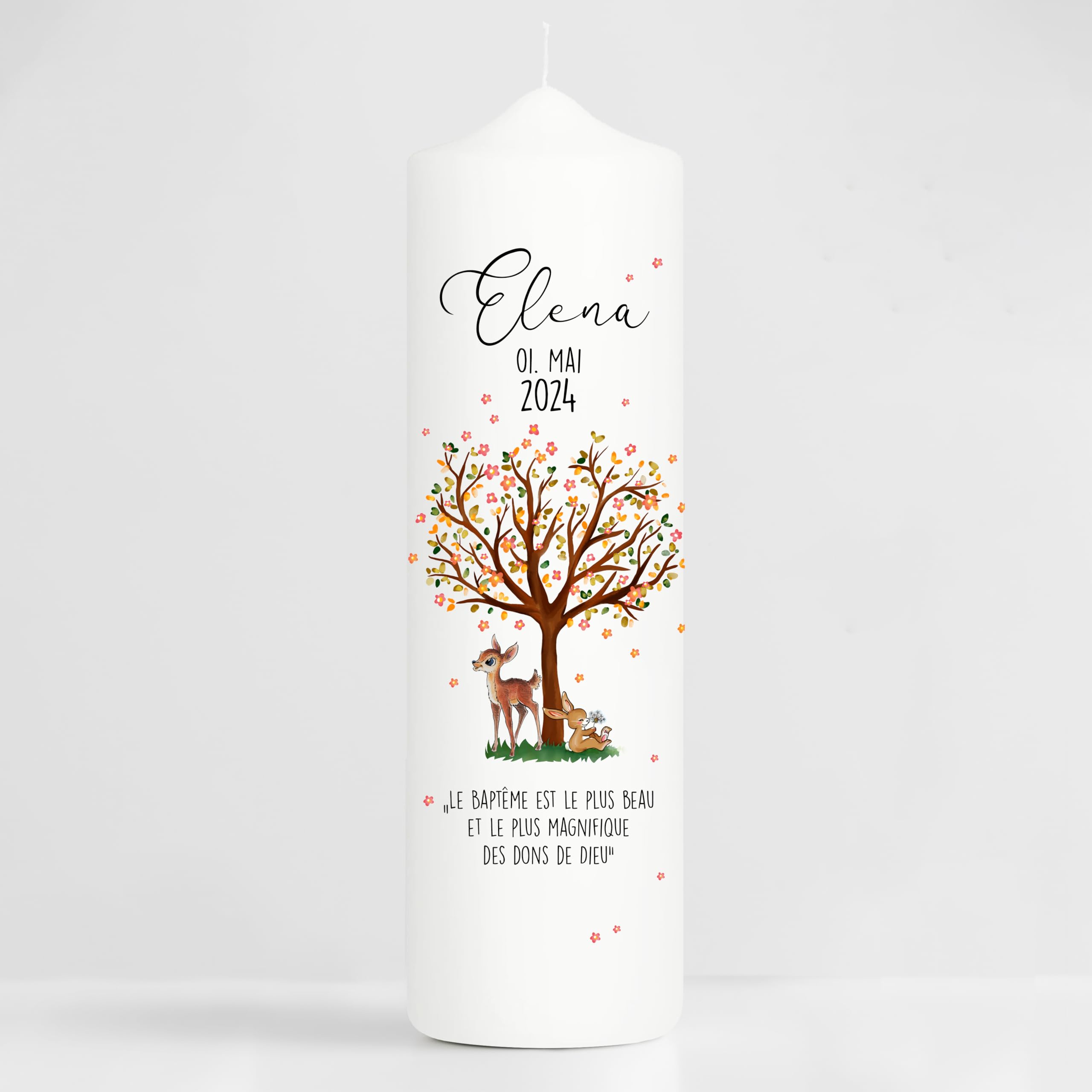 Bougie Baptême personnalisée Fille Garçon motif Arbre, Faon et Lapin – Cierge Baptême avec prénom, date et message – Bougie imprimée – cierge personnalisé – 25 x 7 cm