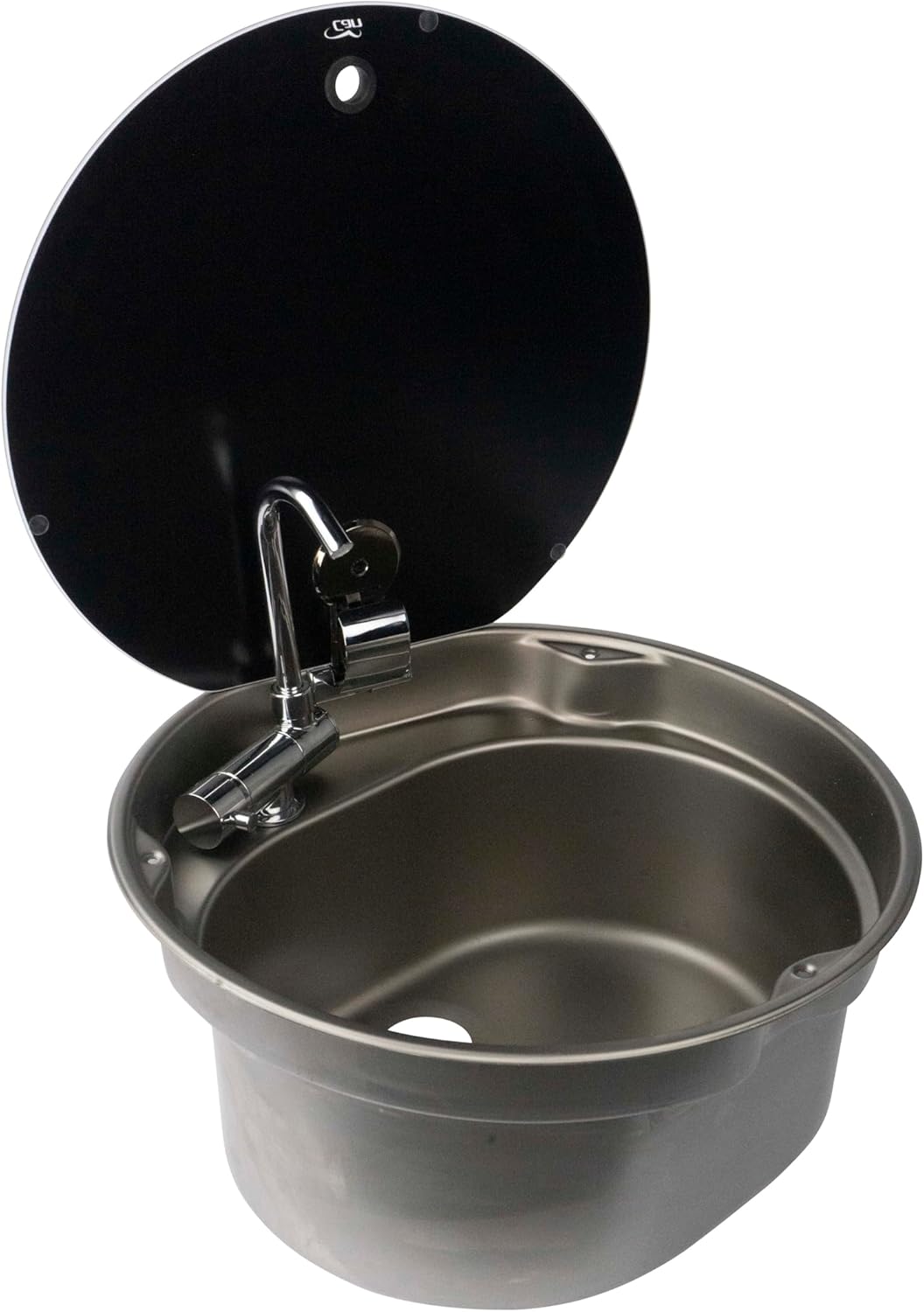 Suburban CAN 16" Round Stainless-Steel RV Sink with Smoked Glass Lid, All Stainless-Steel Construction, Easy-to-Clean, Fold Down Spigot Included (3262AST)
