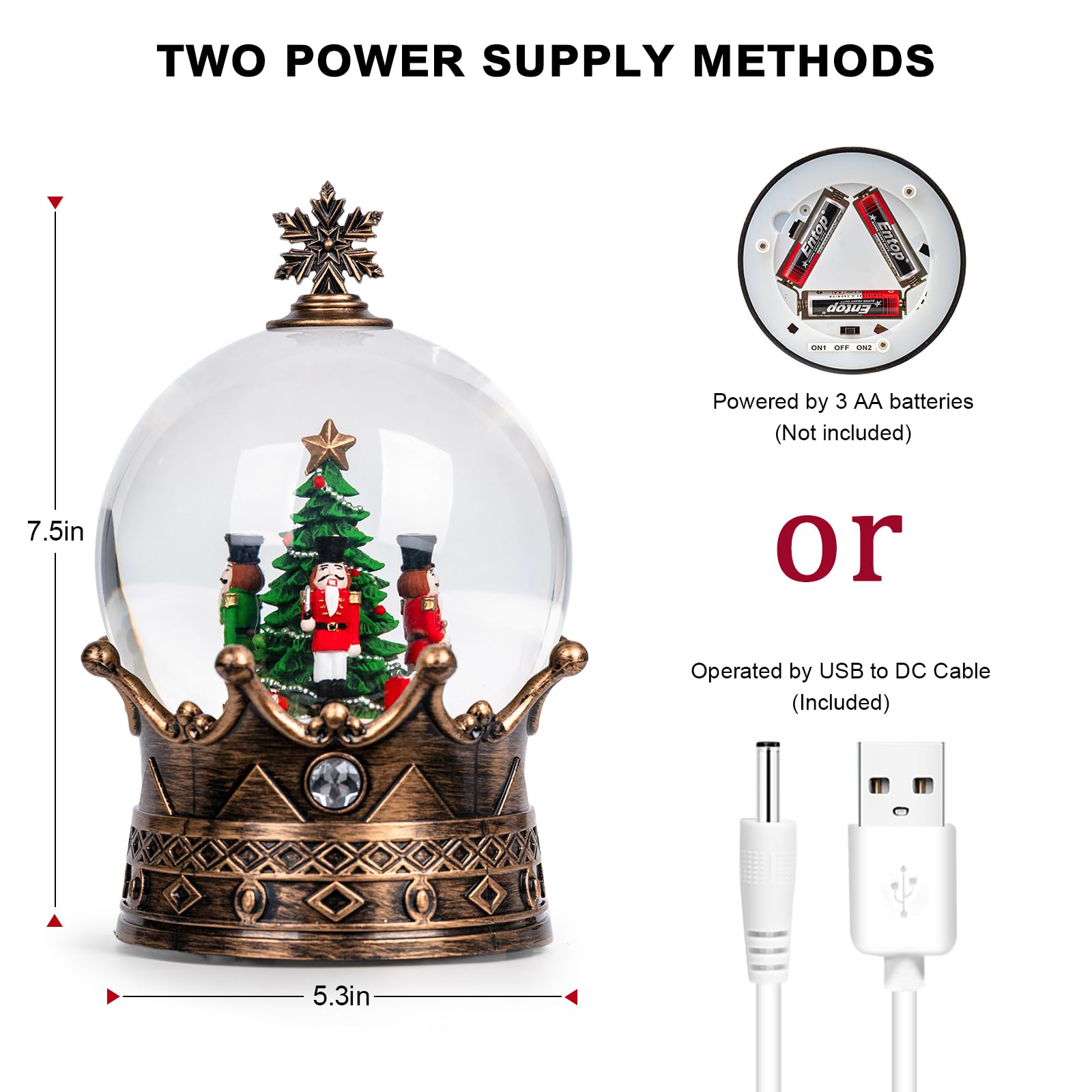 Boule à Neige Casse-Noisette, Lanterne à Eau Musicale en Forme de Couronne avec Paillettes tourbillonnantes, décoration de Noël et Cadeau, Fonctionne avec Piles ou USB