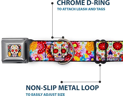 Miniatura 5 de Collar de perro hebilla de cinturón de seguridad Sugar Skull Starburst blanco multicolor 13 a 18 pulgadas 1.5 pulgadas de ancho