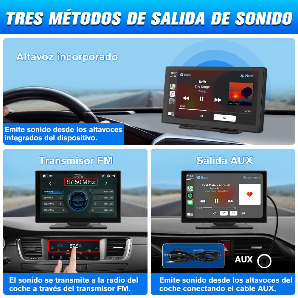 Pantalla Carplay para Coche con CarPlay/Android Auto Inalámbrico, Pantalla Táctil de 9 Pulgadas Portátil, Admite Bluetooth/Mirror Link/Control por Voz/USB/TF/AUX, Negra