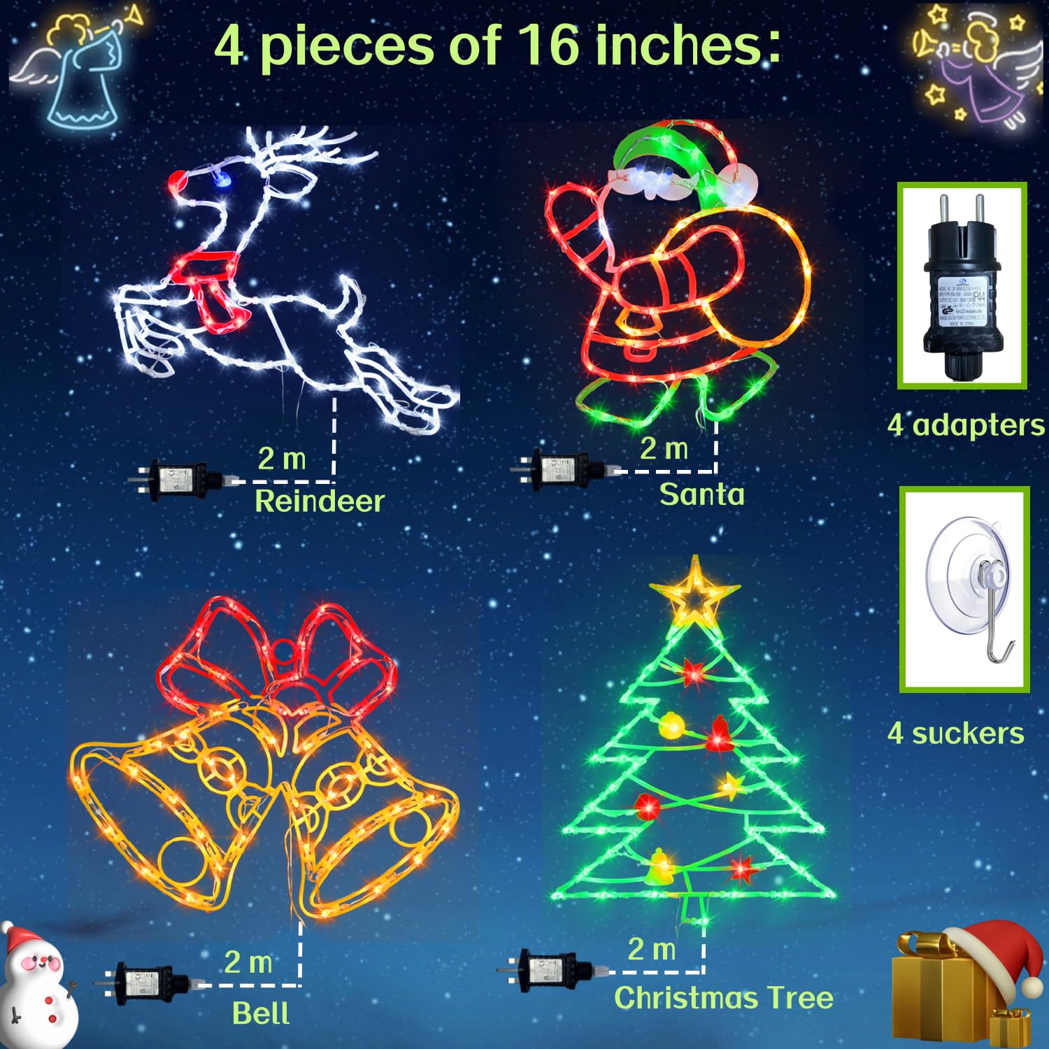 TRWYMZ 4 Stück Bunte LED Weihnachts-Fensterbeleuchtung mit EU-Stecker | LED Weihnachtsfiguren (Weihnachtsbaum, Rentier, Glocke, Weihnachtsmann) für Innen & Außen, Wand, Tür & Fenster