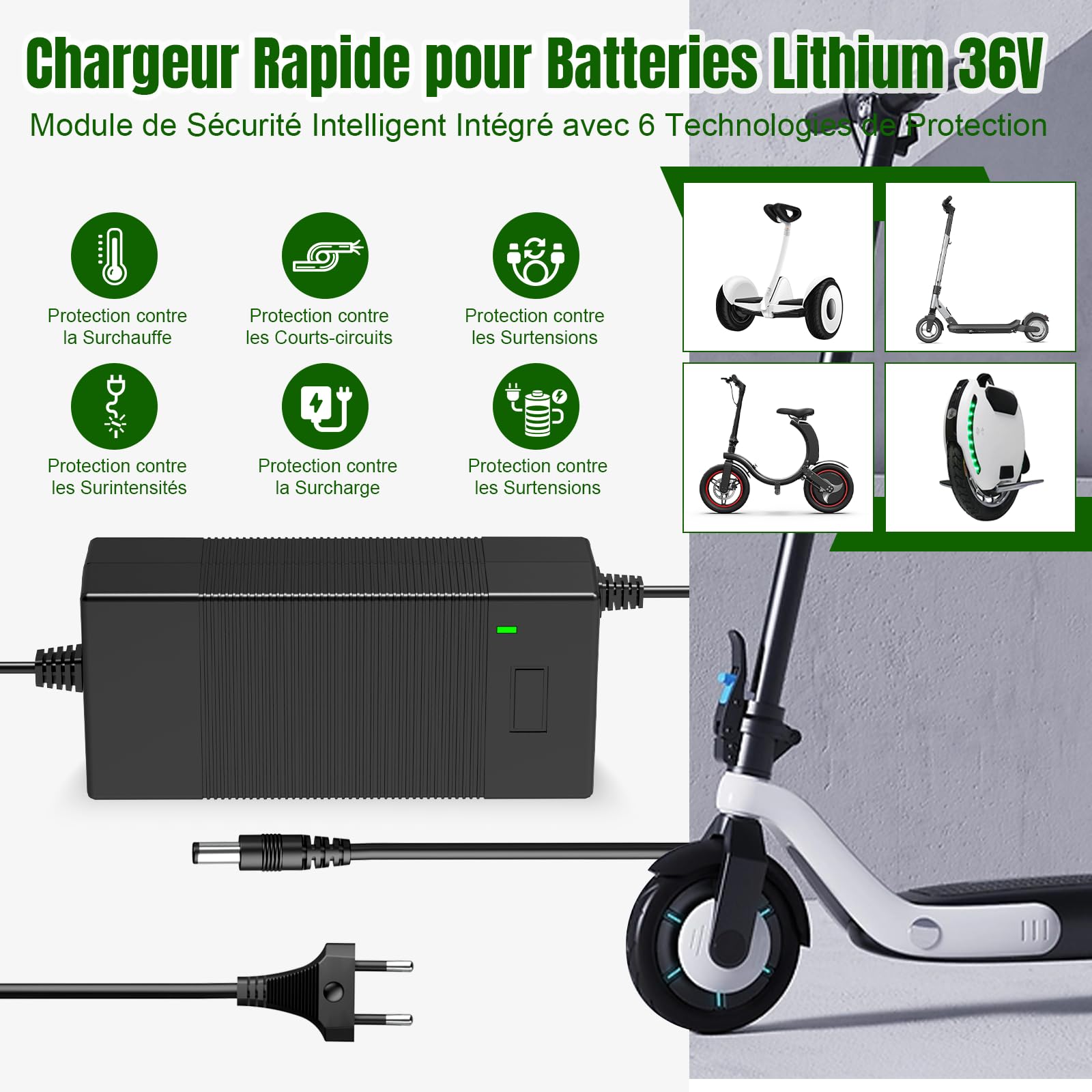 Caricatore per Monopattino Elettrico, Caricabatterie 42V 3A per Hoverboard, Caricatore per Batteria Monopattino 36V