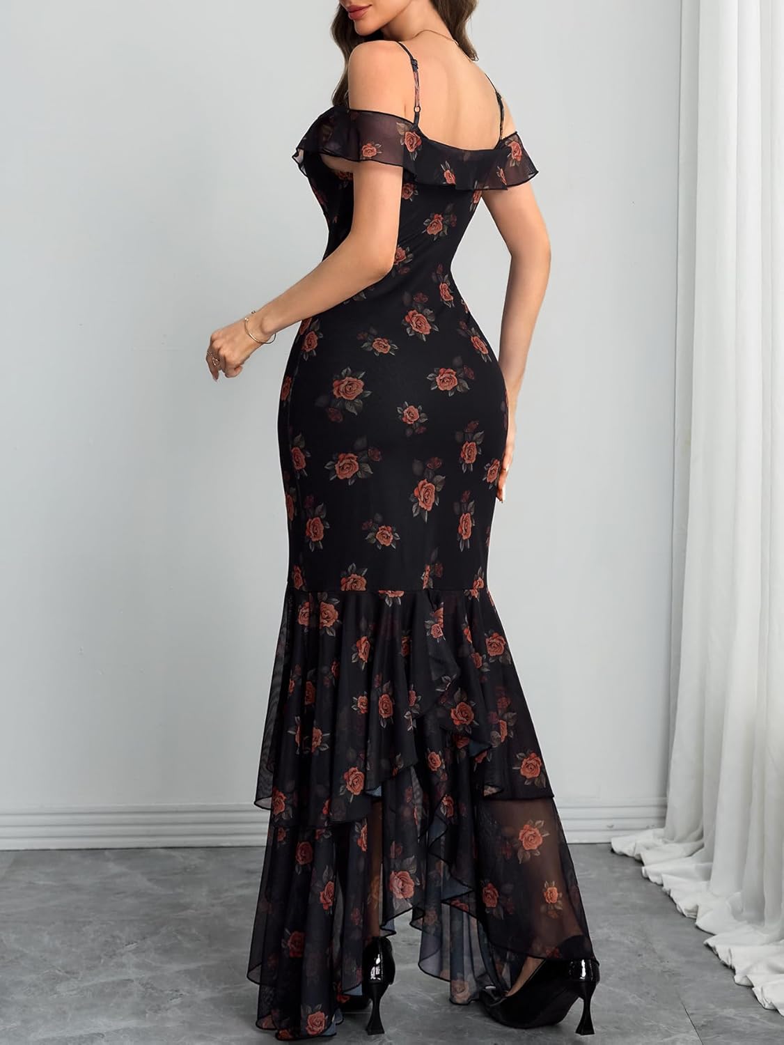 GothDark Womens Maxi Dress Spaghetti Strap Sweetheart Neck Mesh Ruffled Front High Slit Romantic Wedding Guest Party Outfit - Image 2