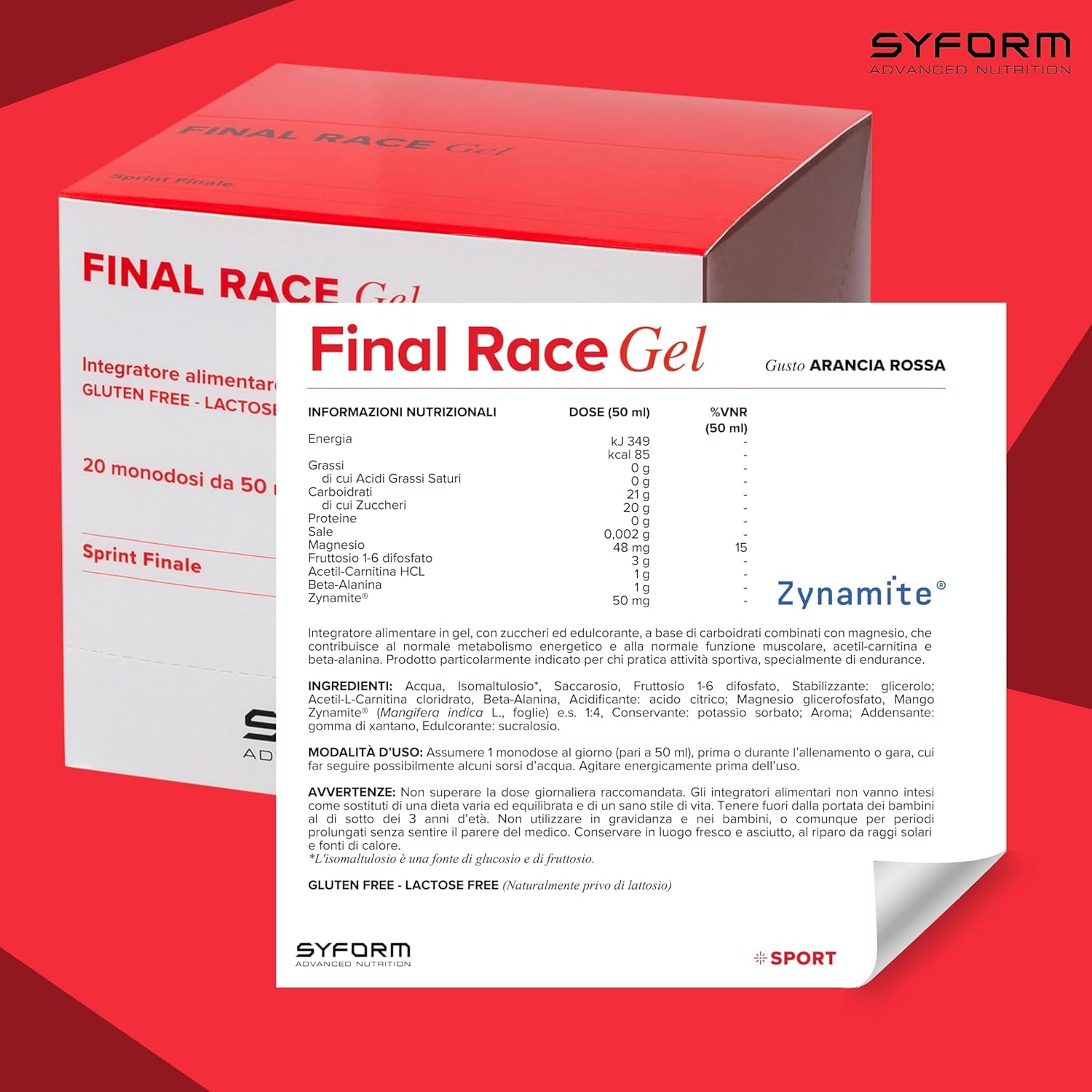 FINAL RACE GEL, Energia fulminea per lo sprint finale - Carbo 1:0,8, Con Esafosfina, Acetilcarnitina e beta-Alanina, Contrasta l’acidosi muscolare, Senza Glutine, Senza Lattosio, EXPO 20 GEL ARANCIA