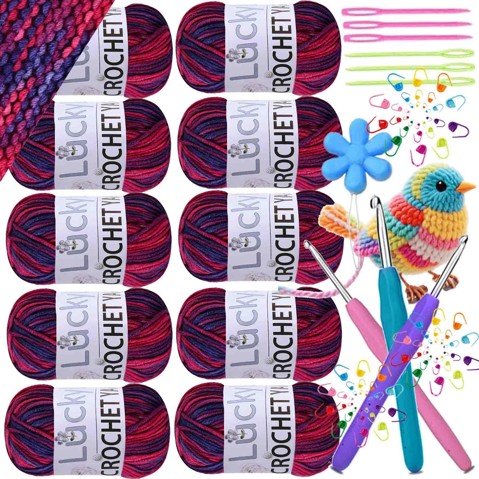 Crochet Yarn Double Knitting Wool (10X50g), Multicoloured Acrylic Yarn Crochet Wool with Aluminum Crochet Hooks Stitch Markers for DIY Amigurumi Craft Blankets Socks Dolls (12 Red Blue Flower)