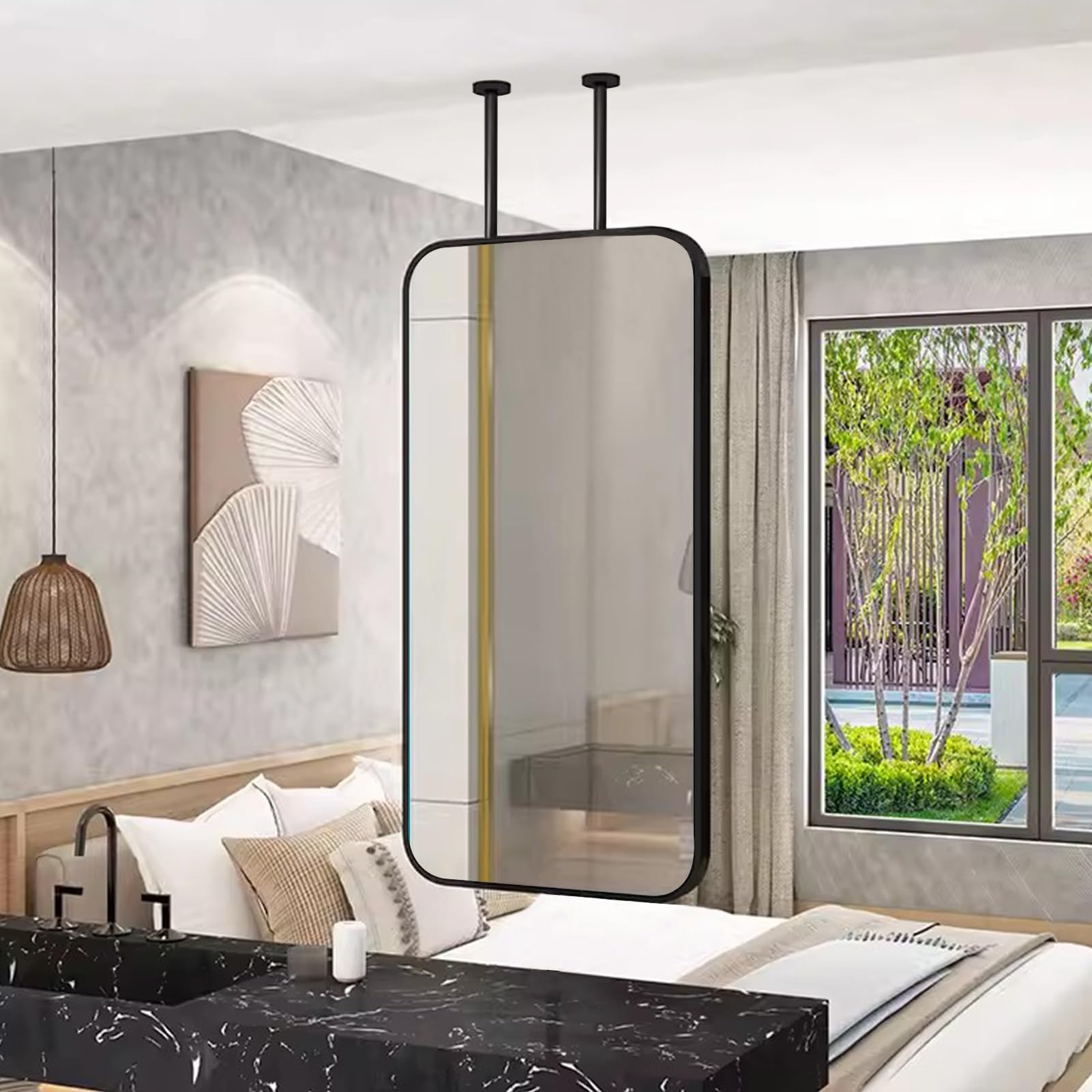 BKSXSOP Black Bathroom Mirror, Rectangle Ceiling Hanging Suspended Vanity Mirror Wall Mounted Shaving Makeup Mirrors - Double Poles Can Be Customized (Size : 50x60cm)
