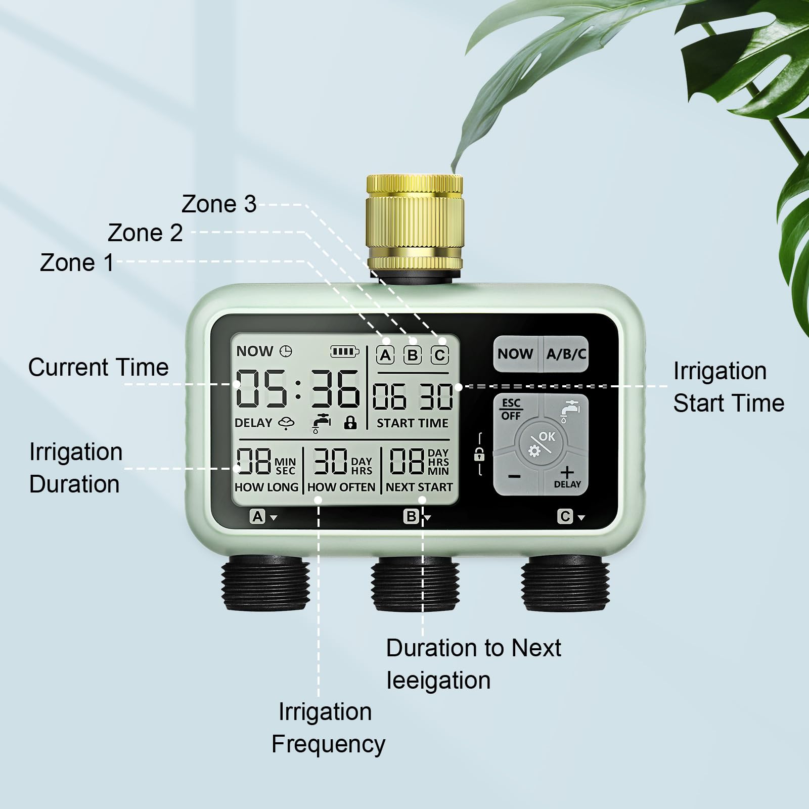 Johgee 3 Zone Water Timer with Brass Inlet for Irrigation Sprinkler Timer 3 Outlet, Hose Timers - Image 2