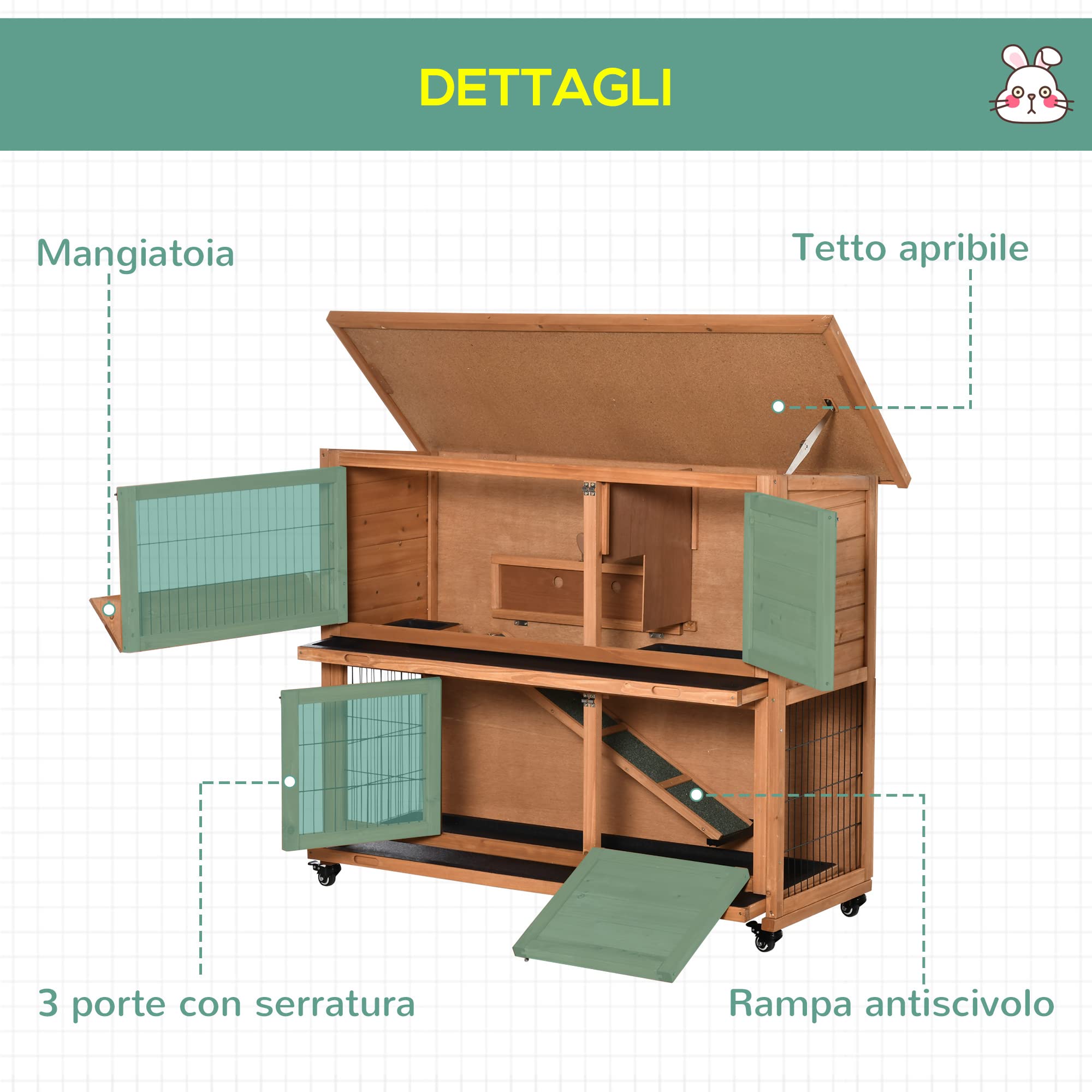 PawHut Conigliera in Legno a 2 Livelli con Ruote, Casetta per Conigli e Porcellini d'India con Vassoio Estraibile e Rampa, Arancione,122x50x101cm