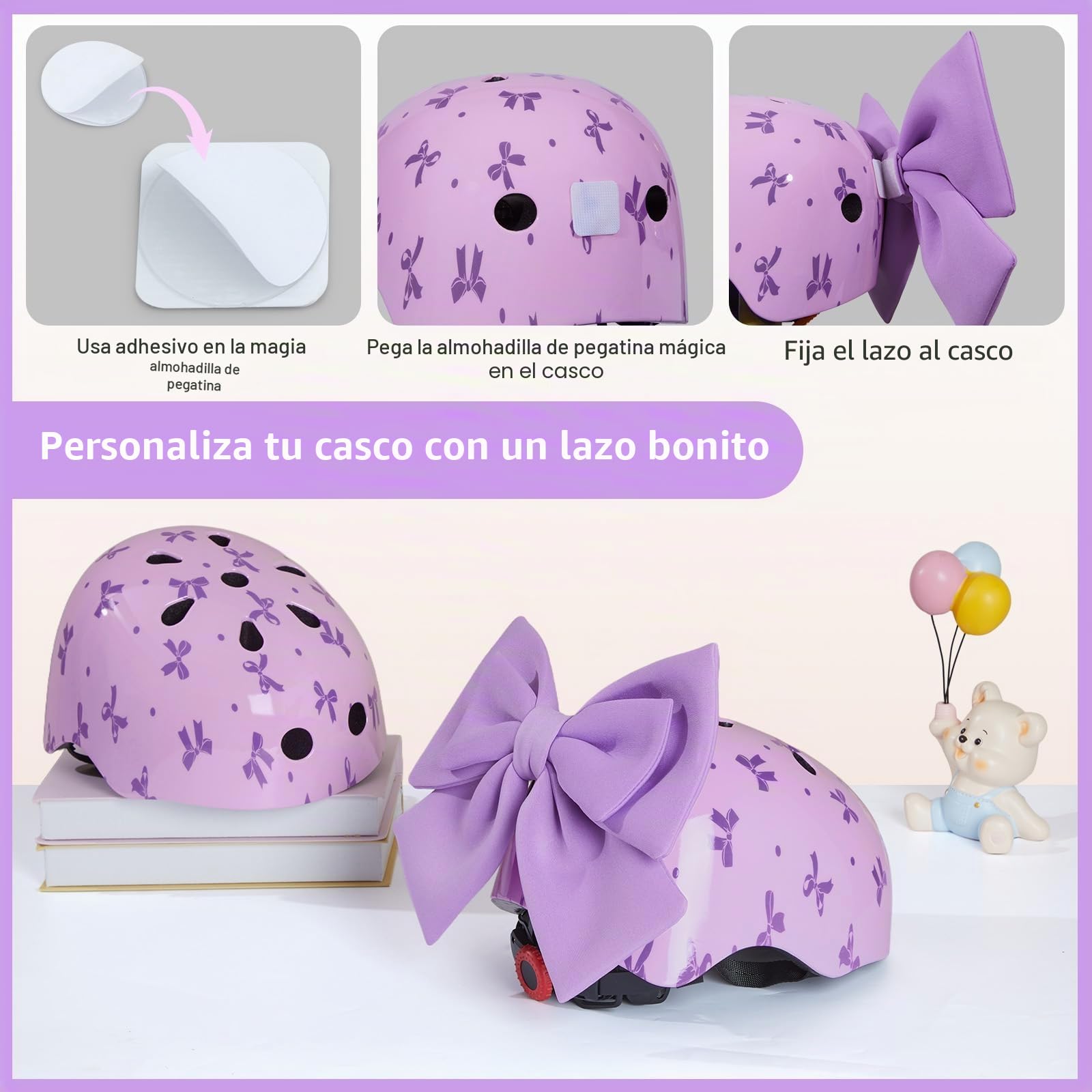 Juego de casco para niños de 3 a 8 a 14 años con rodilleras y coderas | Bonito casco de bicicleta para niñas con lazo de bricolaje, cascos ajustables para niños, para bicicleta, patineta, patineta
