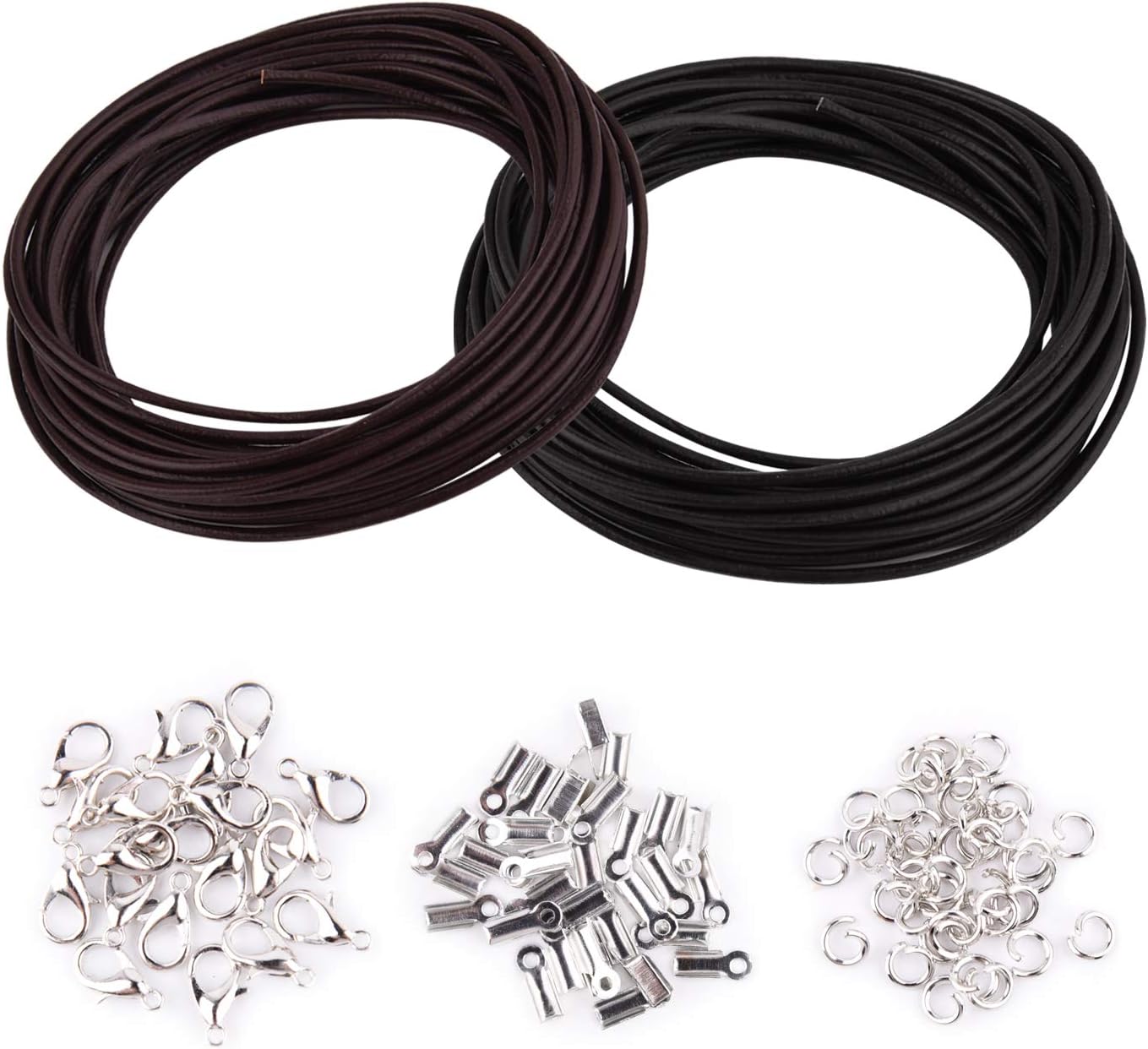 WXJ13 Genuine Leather Cord, 10 Meters 2 mm Wide Black and Coffee Leather Cord and 150 Pieces Jewelry Findings Necklace Cord String for Jewelry Making Bracelets Craft Twine Necklace Bracelet Kit