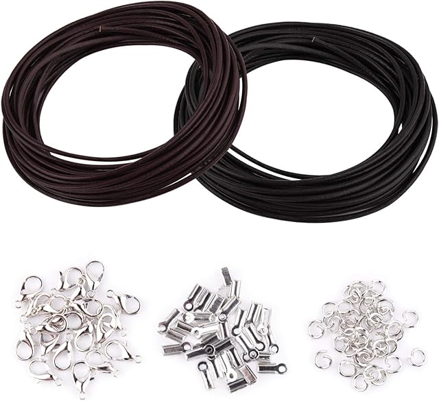 WXJ13 Genuine Leather Cord, 10 Meters 2 mm Wide Black and Coffee Leather Cord and 150 Pieces Jewelry Findings Necklace Cord String for Jewelry Making Bracelets Craft Twine Necklace Bracelet Kit