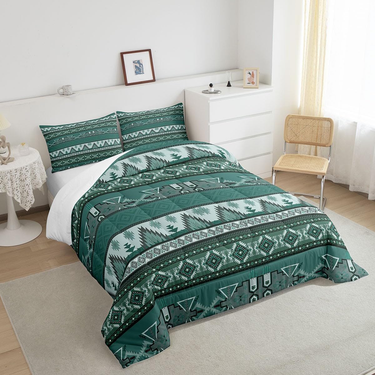 Green Aztec Bedding Set Bohemian Western Comforter Set Rustic American Native Quilt Twin,Southwestern Down Comforter Country Geometric Abstract Arrow Room Decor,Taupe - Image 3