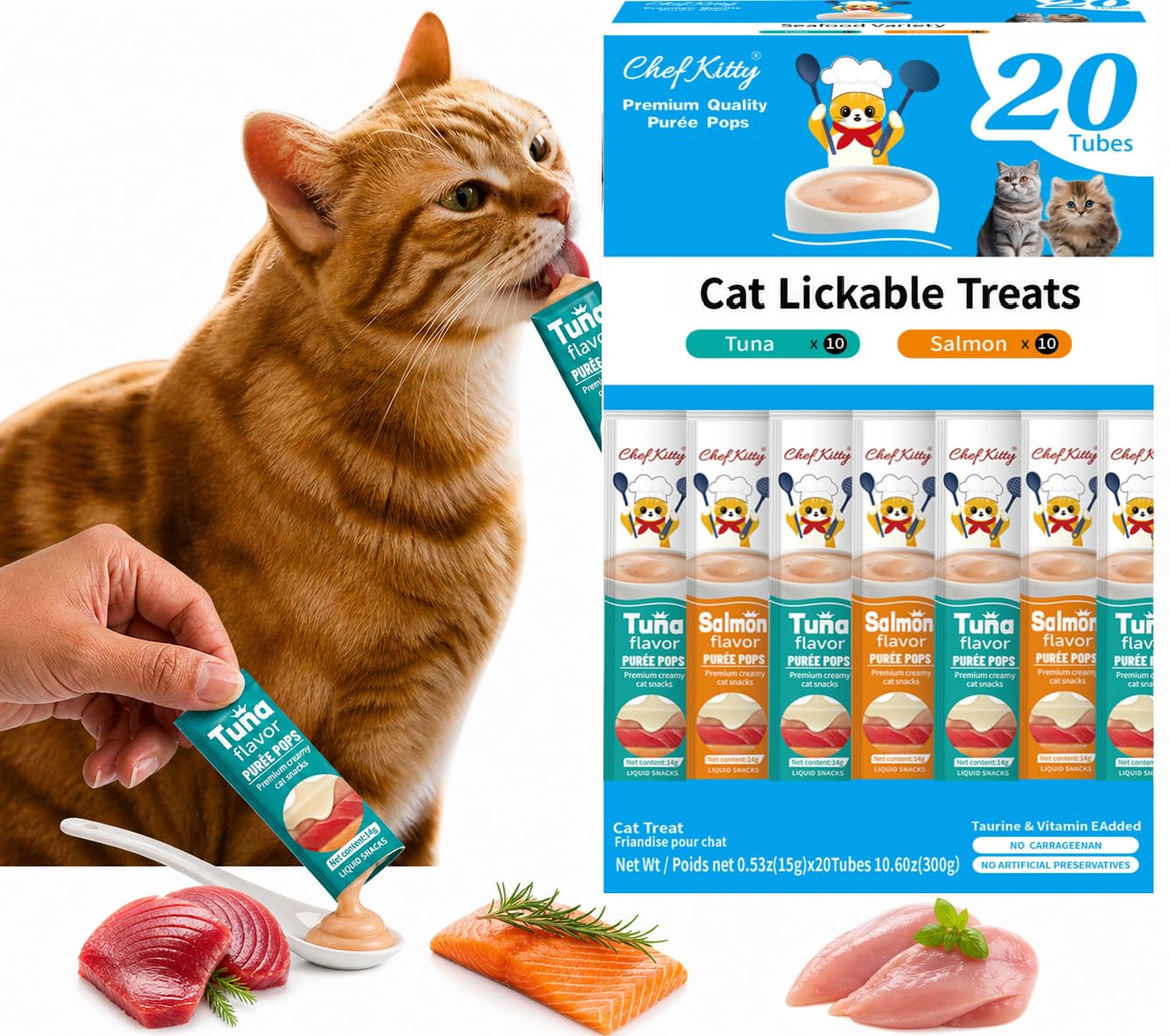 Lickable Cat Treats, Seafood Variety Puree Food Topper, 20 Tubes
