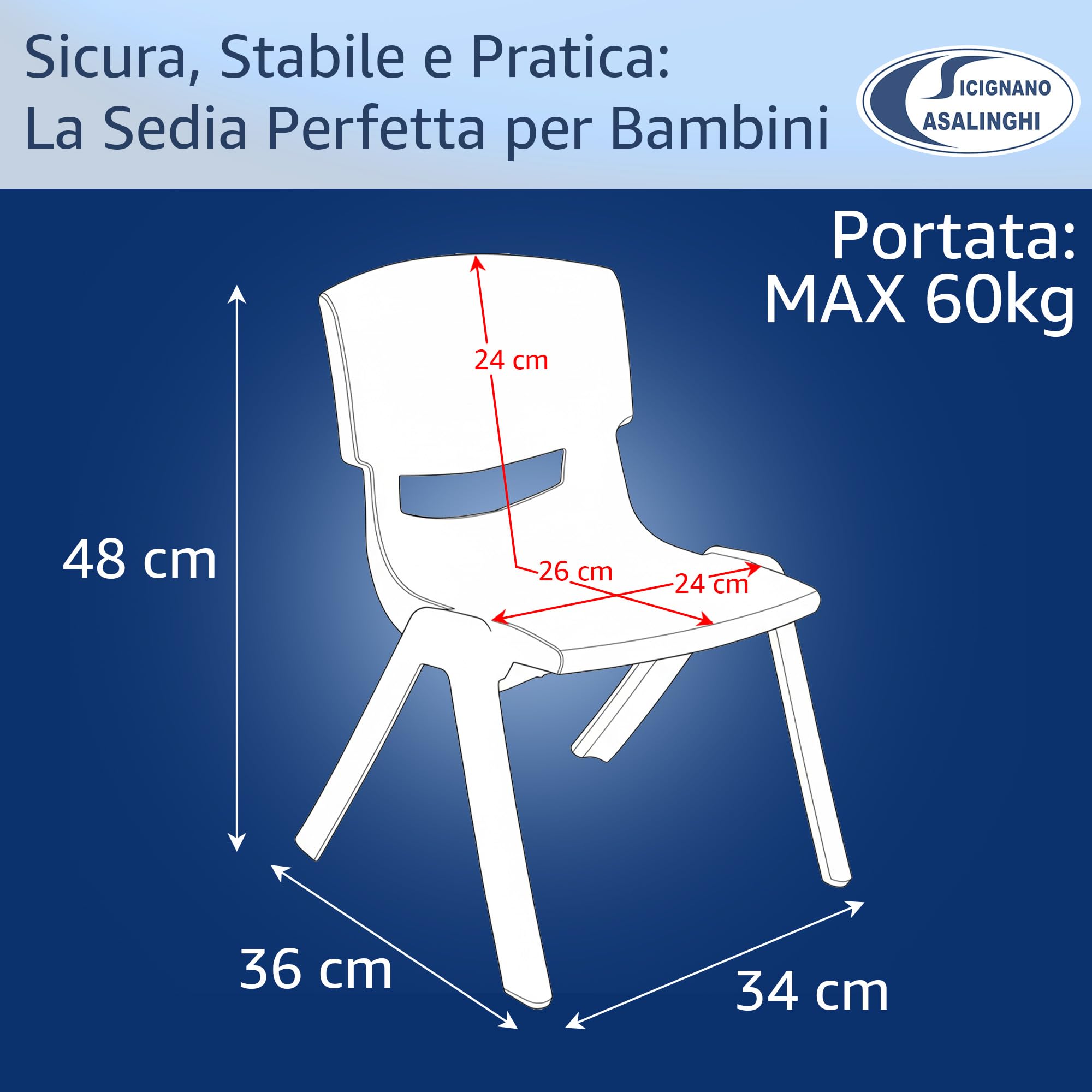 Sicignano Set 3 Pezzi Sedia per Bambini in Plastica Azzurro Impilabile 34x32x48h cm Portata 60 kg Impermeabile