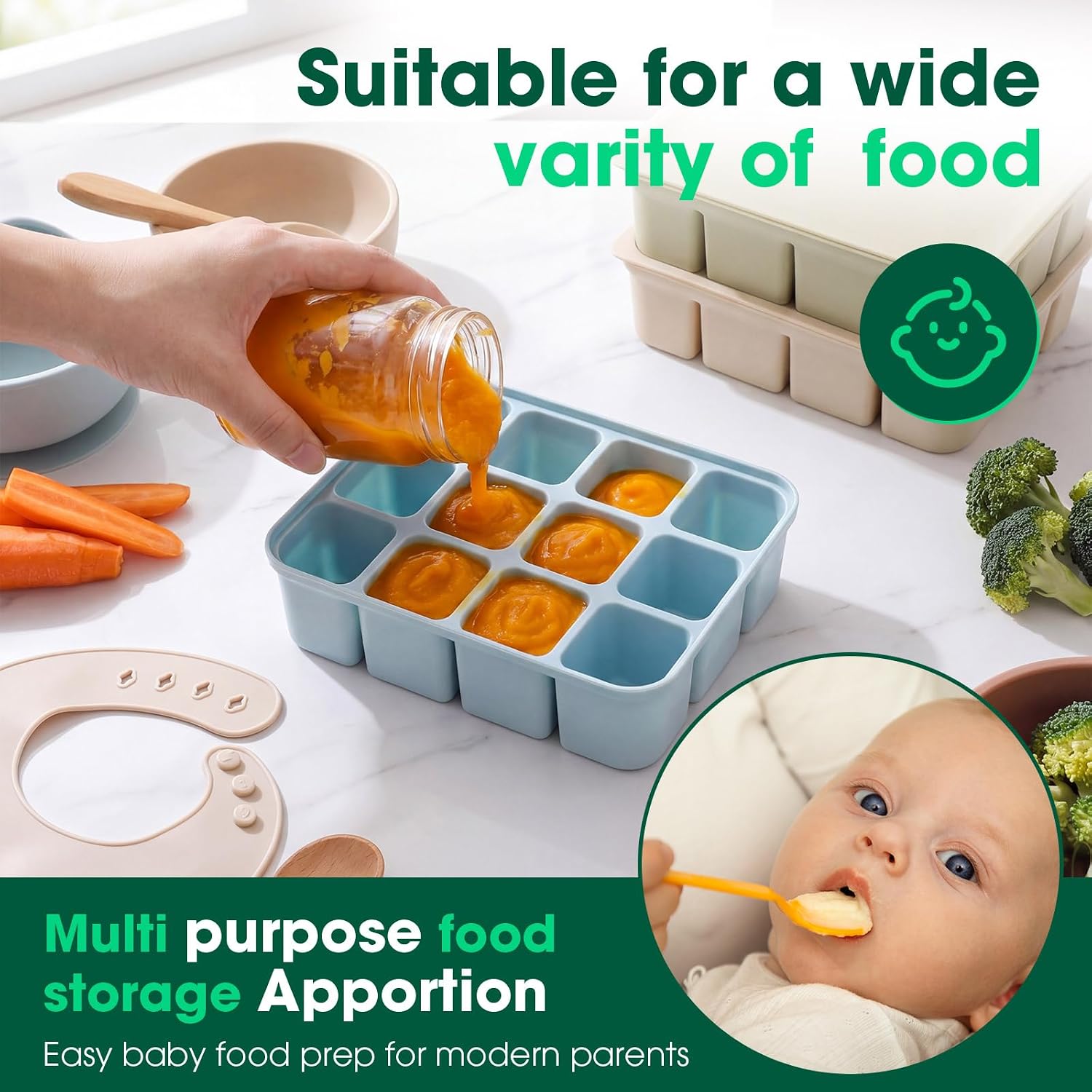 Mimorou 3 Pack Baby Food Freezer Tray with Lids 2.13 oz x 6 Cups/1.15 oz x 12 Cups Silicone Baby Food Storage Container Ice Cube Molds for Homemade Vegetable Fruit Snack(12 Cups,Blue, Green, Khaki)