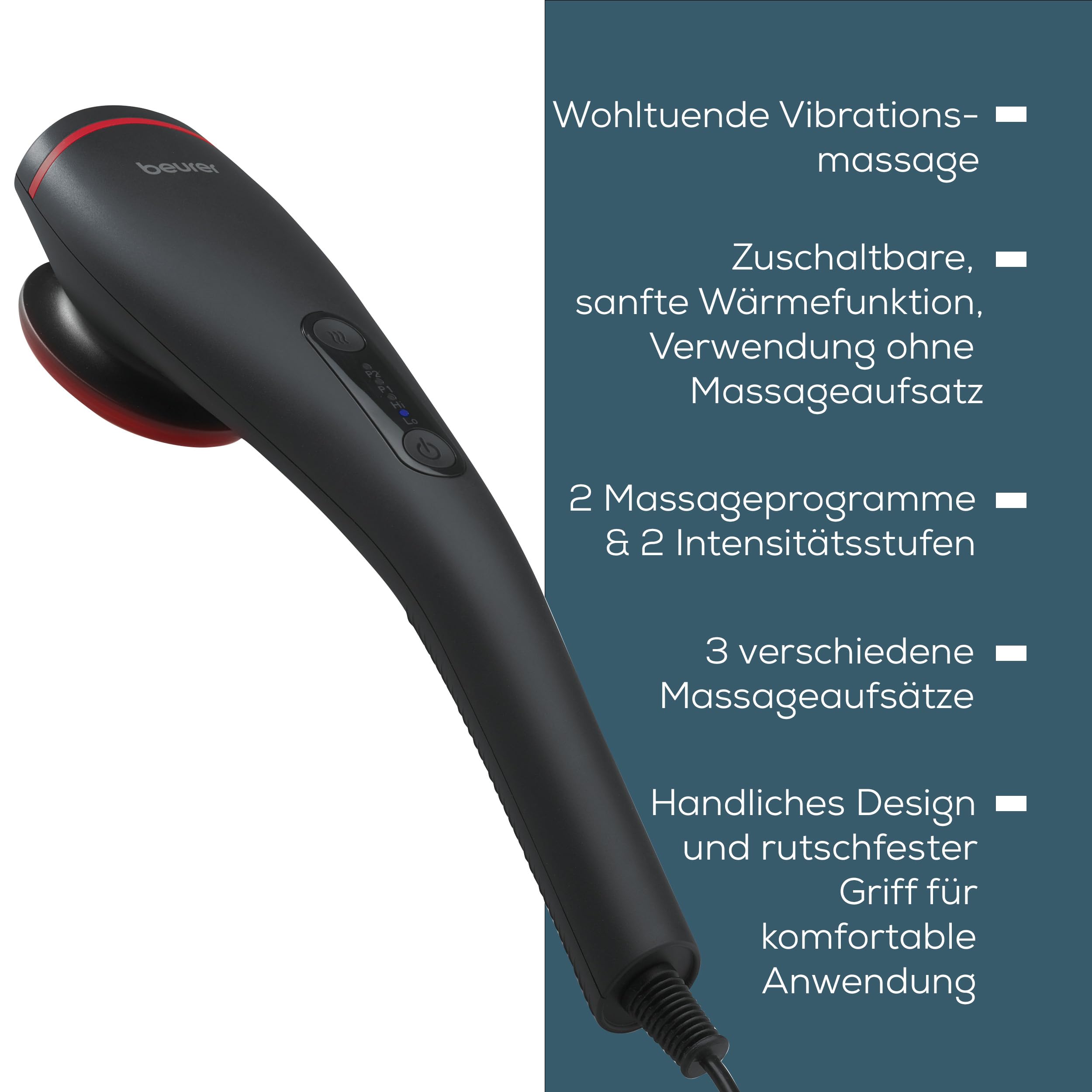 Beurer MG 24 Vibrationsmassagegerät, 2 wohltuende Massageprogramme und 2 Intensitätsstufen für ideale Entspannung, 3 Massageaufsätze, am ganzen Körper einsetzbar, schwarz