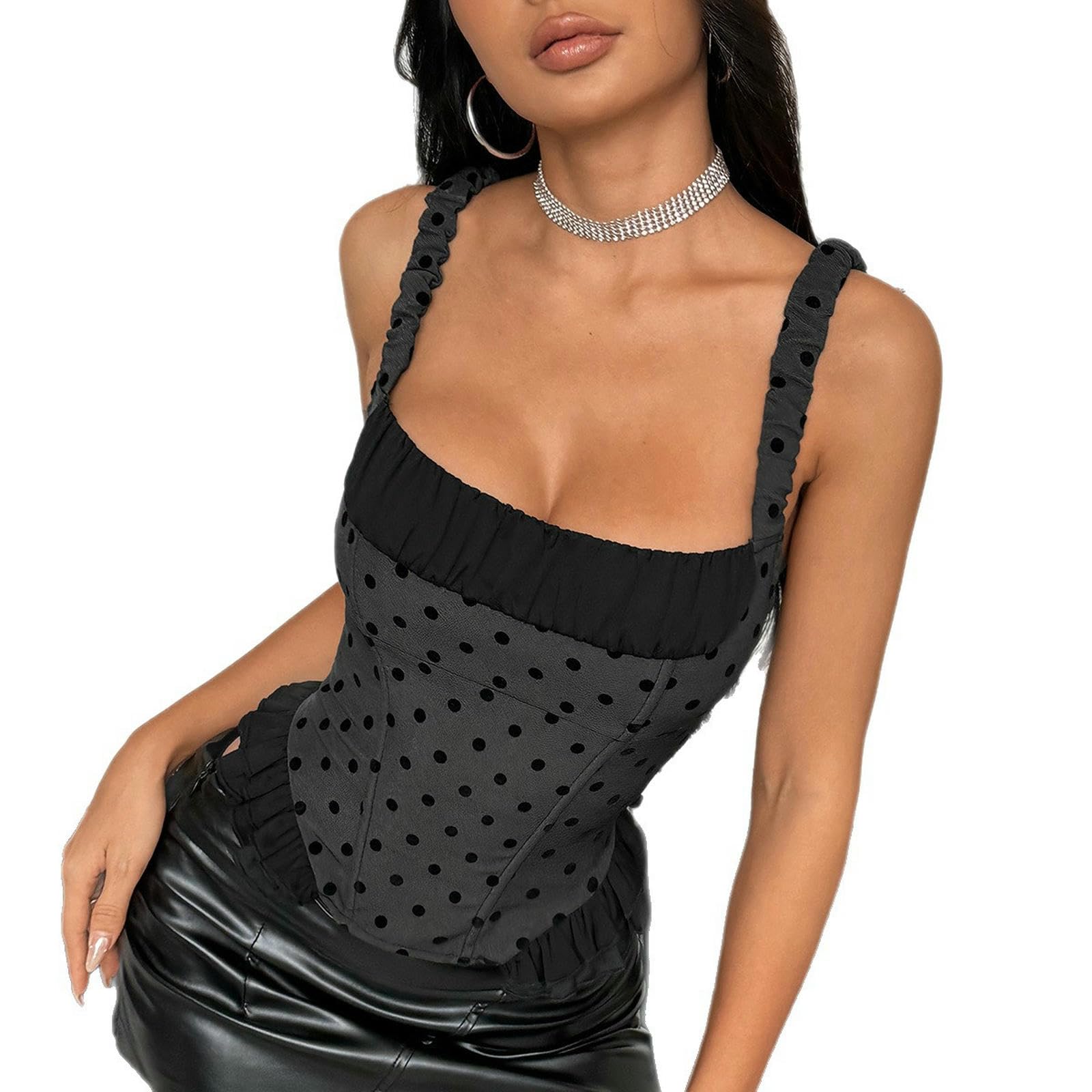 Gyios Women Summer Tops Sexy Polka Dot Camisole, Suitable For Commuting, Outerwear, Fishtail Corset, Strappy Vest-黑色-s