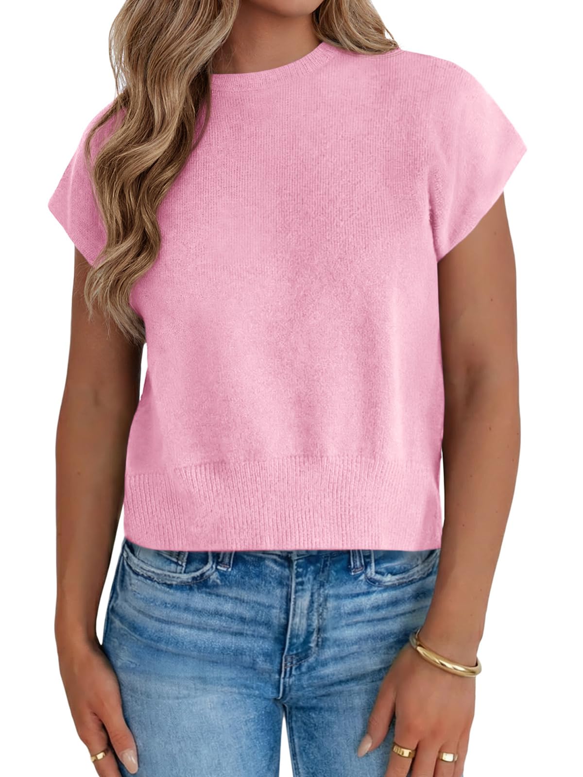 Womens Short Sleeve Sweaters Casual Summer Crew Neck Loose Basic Cap Sleeve Knit Pullover Tops-image-12
