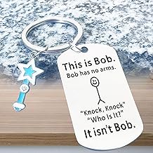 Stainless Steel Keychain with Humorous Quote, This is Bob. Bob has no arms. - Knock, Knock Joke Engraved Keyring Gift for Friends, Men, Women