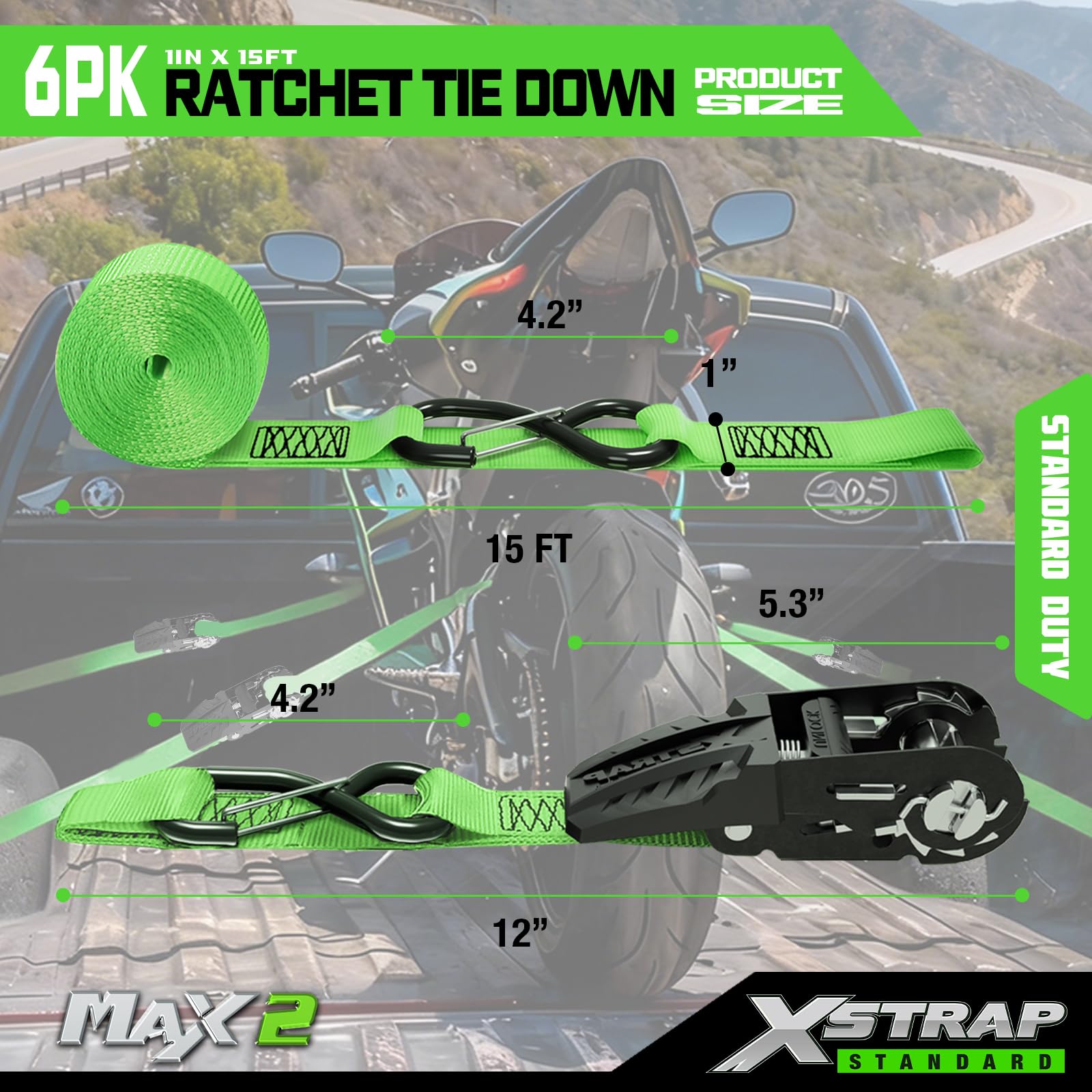 XSTRAP Standard Ratschenspanngurte, 4 Stück, 1 Zoll x 15 Fuß, 600 lbs, 1800 lbs, Ladungsgurte mit gepolsterten Griffen und beschichtetem S-Haken mit Clip