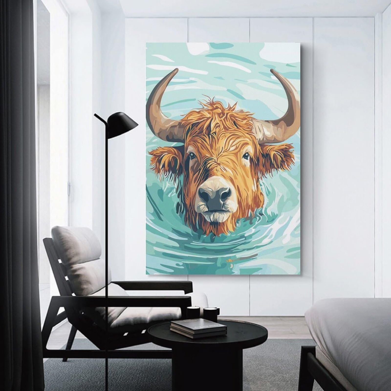 Junmoney Swimming Highland Cow Illustration Wall Picture Print, 24x36inch(60x90cm), for Art Walls, Layered Displays Or Homes, Home Wall Art for Statement Displays
