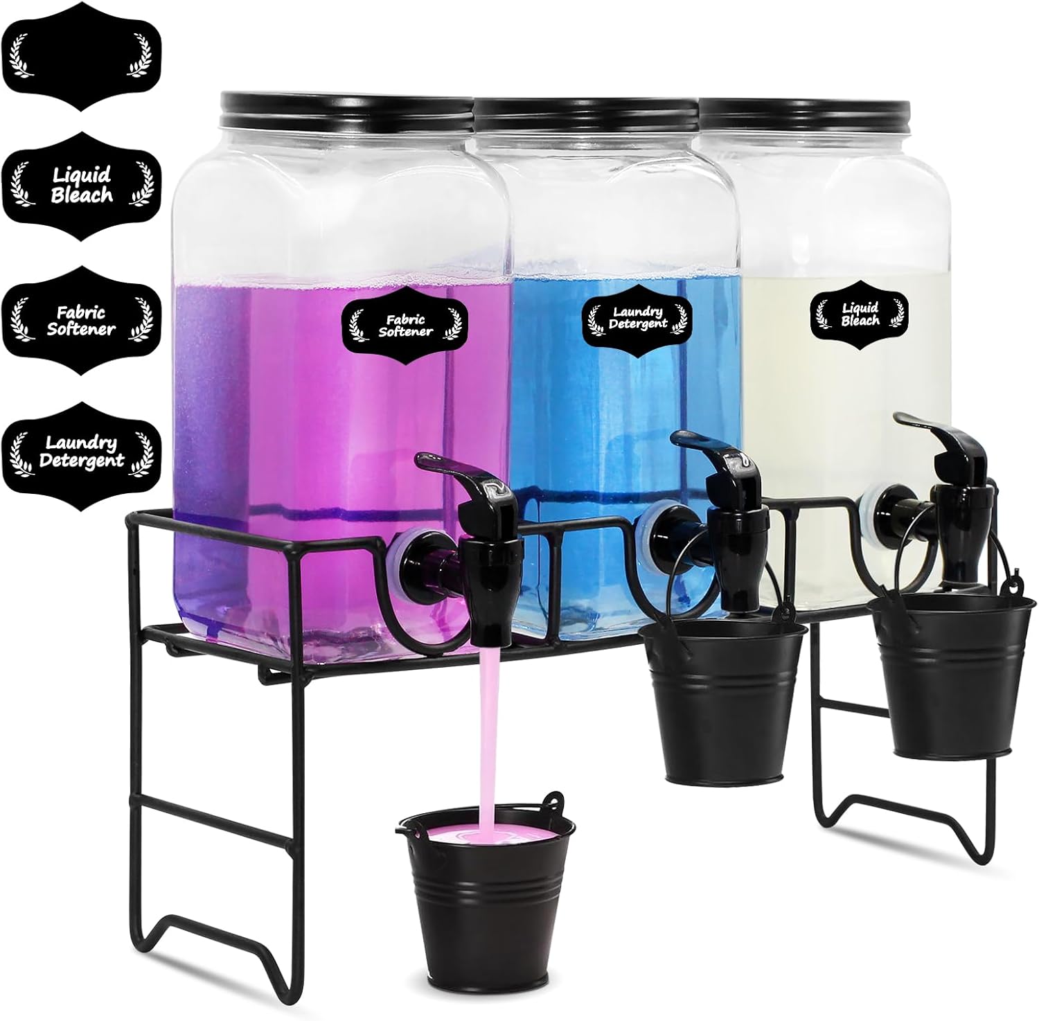 Liquid Laundry Detergent Dispenser, Three 2L Glass Laundry Detergent Dispenser, Glass Jar for Liquid Detergent Bleach, Fabric Softener Detergent Dispenser for Laundry Room Organization