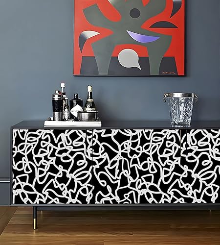 Miniatura 3 de Ismoon Papel tapiz único en blanco y negro para despegar y pegar de 16.1 x 197 pulgadas, papel tapiz de garabatos moderno, papel adhesivo negro