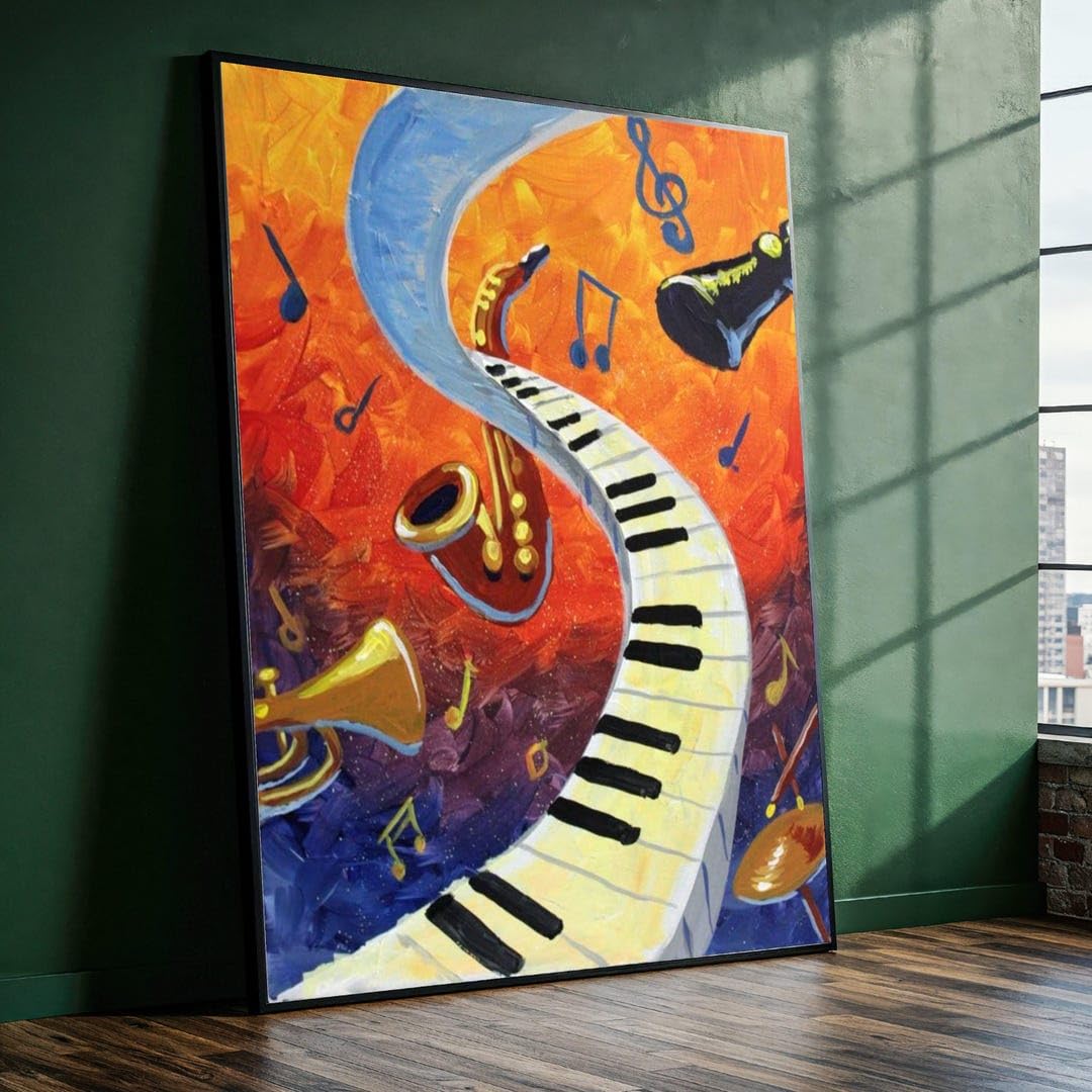Xinbao Frameless Musical Instruments Canvas, Jazz Theme Wall Art, Colorful Piano Keyboard And Saxophone Painting, Music Decor, Canvas Wall(80X110cm/Frameless)