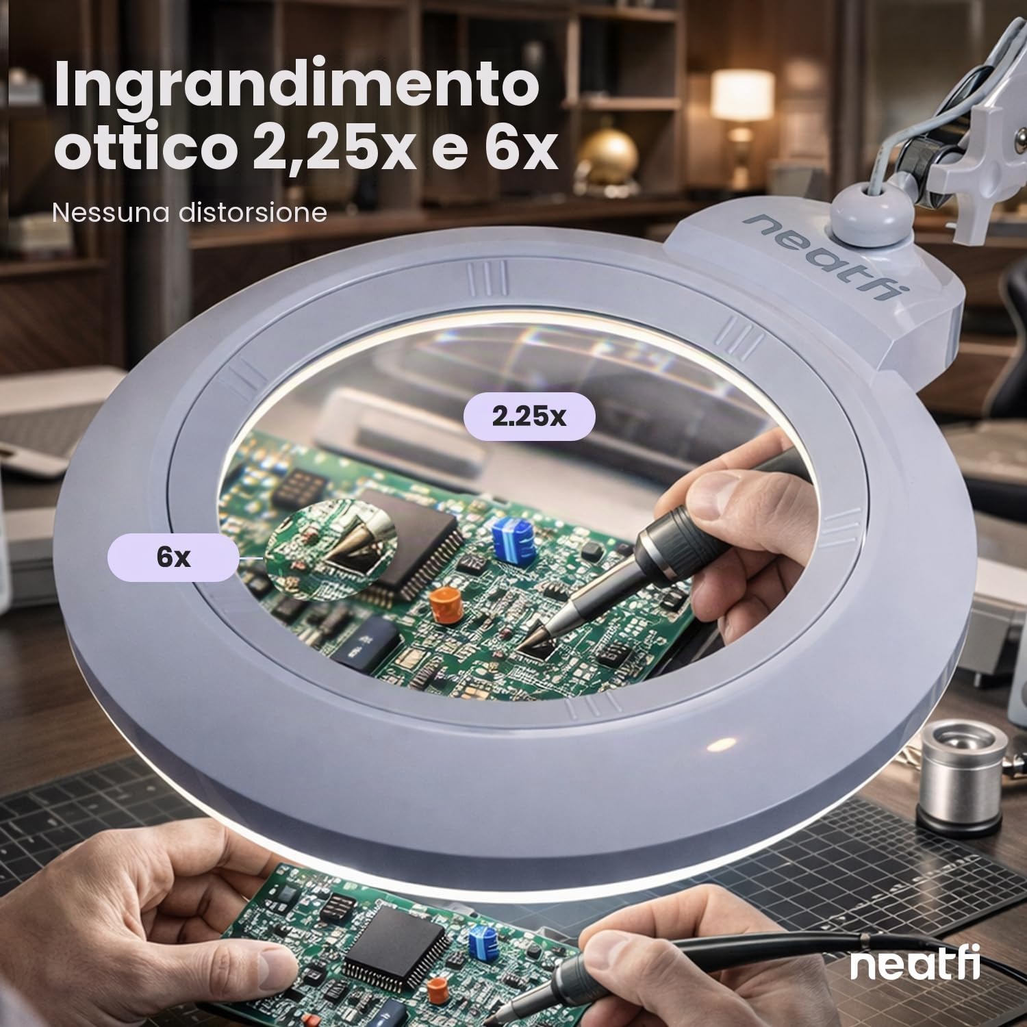 Neatfi XL bifocale Lampada d’ingrandimento LED, dimmerabile | 3 modalità di illuminazione, braccio regolabile e morsetto di fissaggio (Lente da 18 cm)