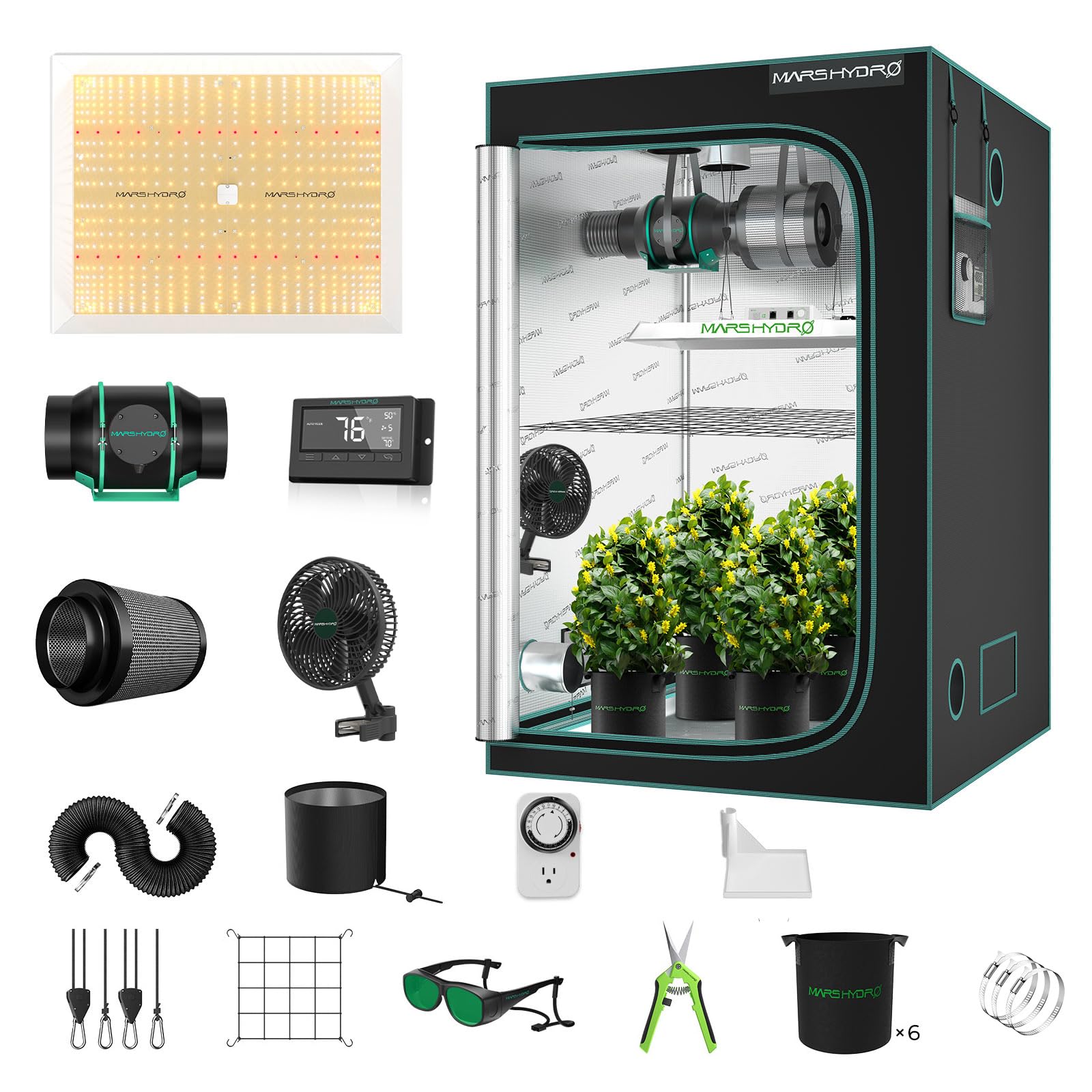 MARS HYDRO 4x4 Grow Tent Kit with Temperature Humidity Controller,300W TSW2000 LED Dimmable Grow Light,48"x48"x80" 1680D High Reflective Mylar,6 inch Customized Ventilation System,10 Speed Clip Fan