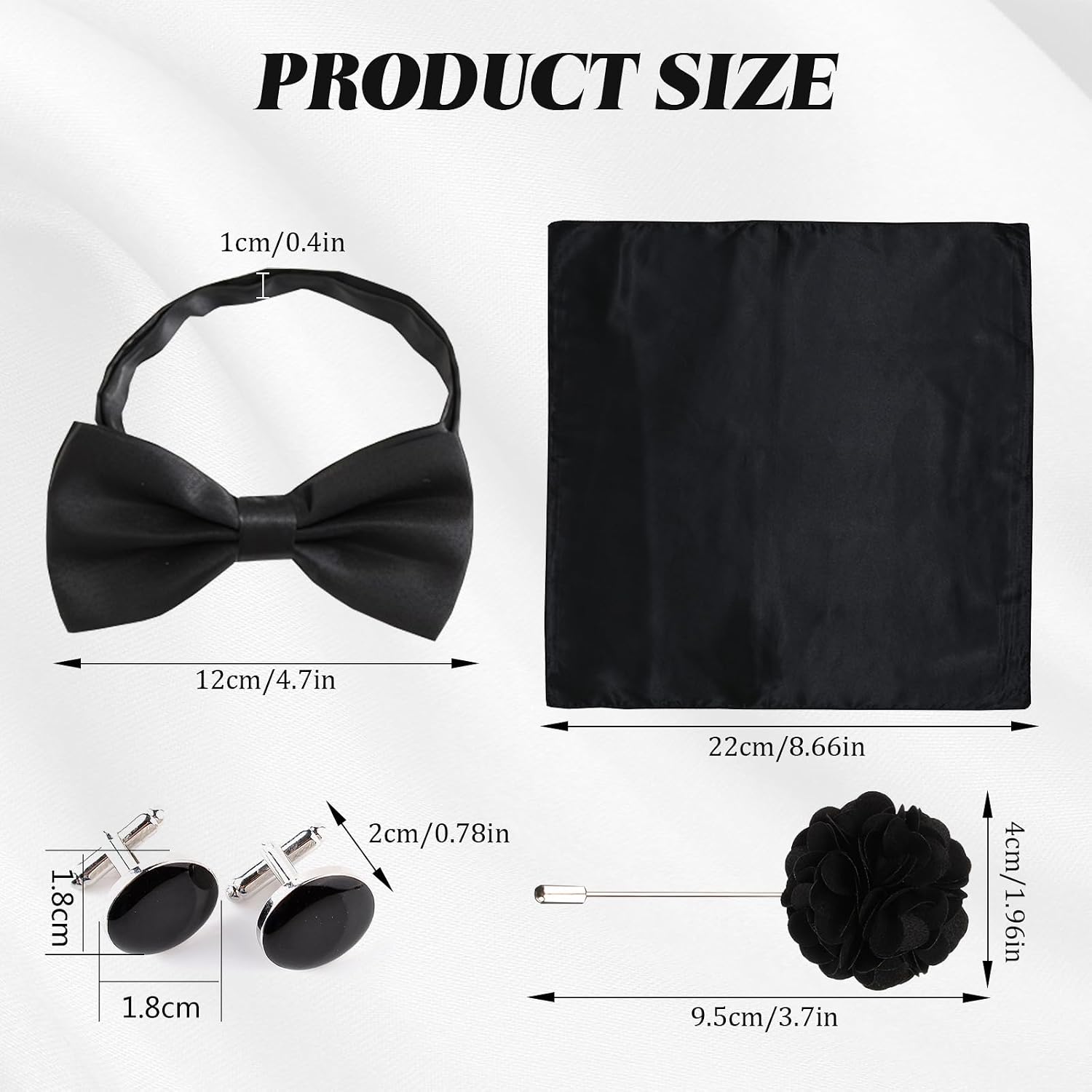 Black Bow Ties for Men, Adjustable Pre-Tied Bowties Pocket Square Cufflinks Set, Soft and Comfortable, Fashionable and Versatile, for Weddings, Parties, Dances, Graduation Ceremonies, Etc.