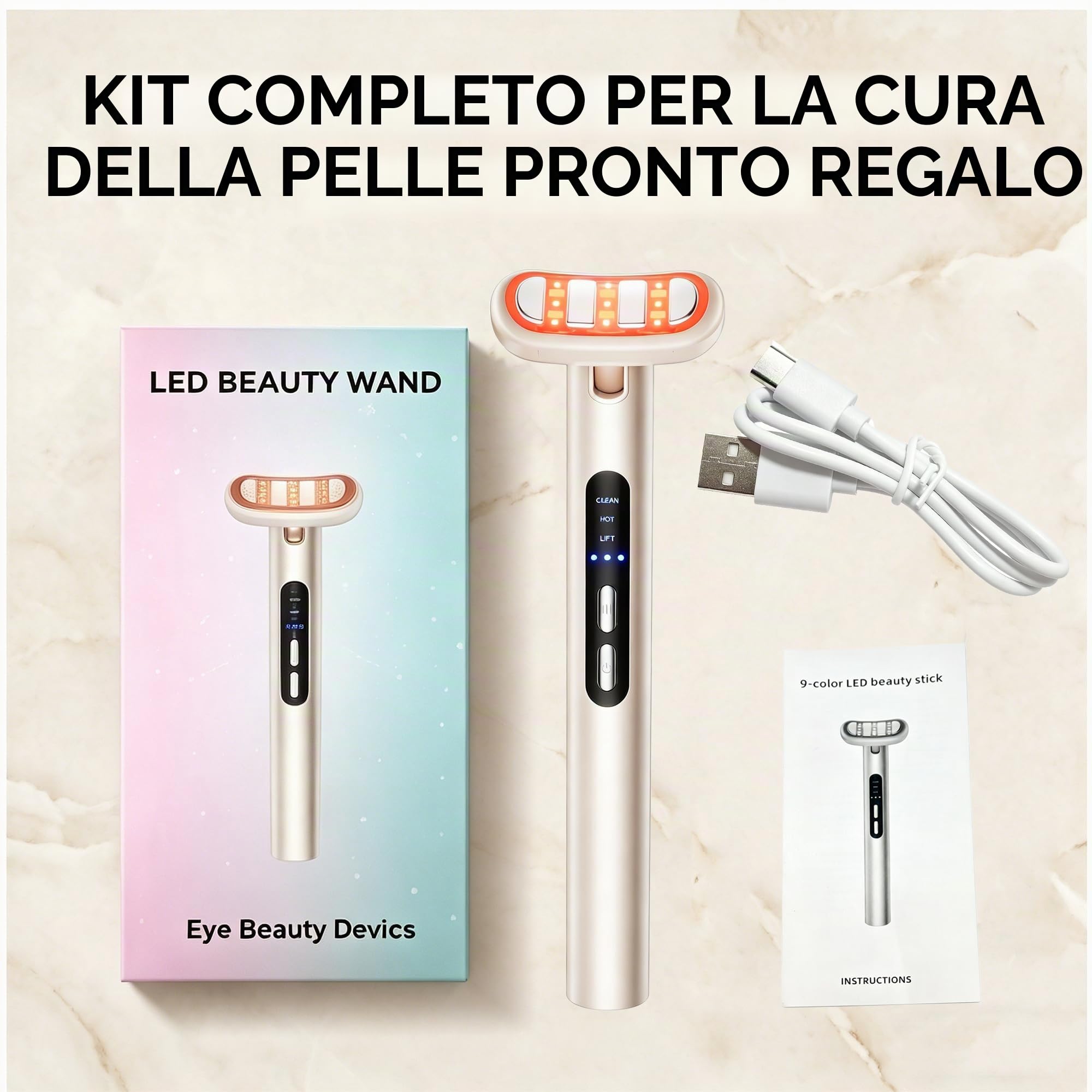 Dispositivo antirughe e antietà 9 in 1 con terapia a luce LED, massaggiatore elettrico per occhi EMS, calore e vibrazione, testina rotante a 90° per occhiaie, borse e linee sottili