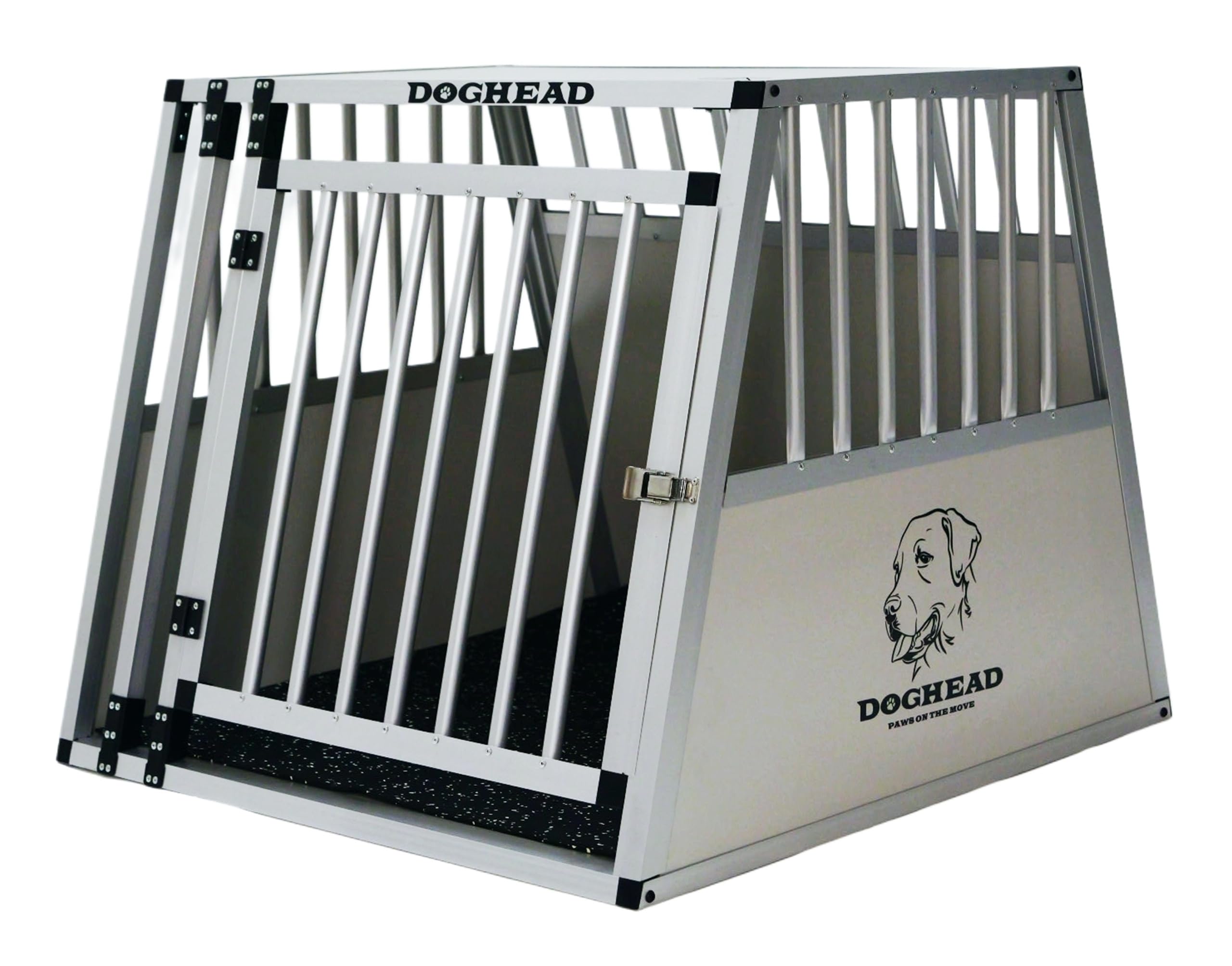 DOGHEAD Hundetransportbox Comfort, Single 80x85x69 cm, Grau/Silber, Aluminium, Beidseitig Abgeschrägt 75°, für Kombis Nicht geeignet