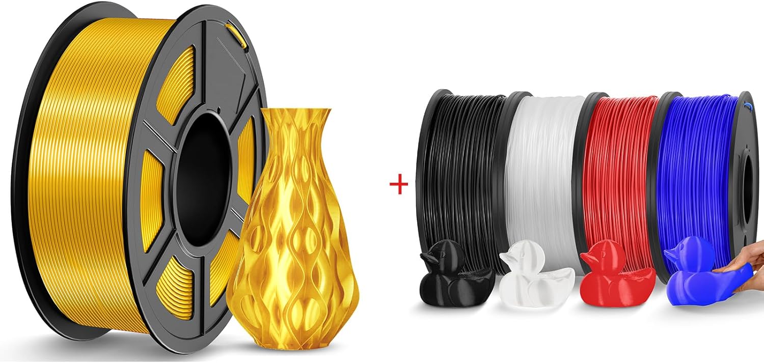 JAYO 3D Printer Filament 2.1kg, Silk PLA Filament and TPU Filament Fit Most FDM 3D Printers, Pack of 5, Silk Gold+TPU (Black, Clear, Red, Blue)