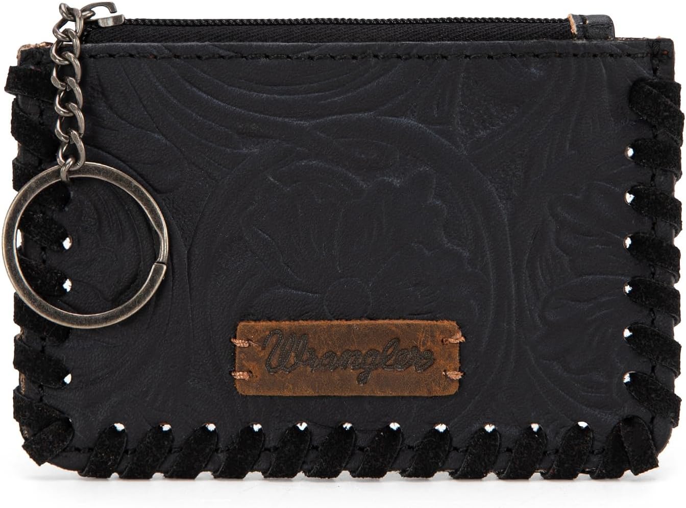 × Wrangler Coin Purse for Men Women Embossed Leather Coin Pouch Small Wallet with Keychain, Black - Image 5