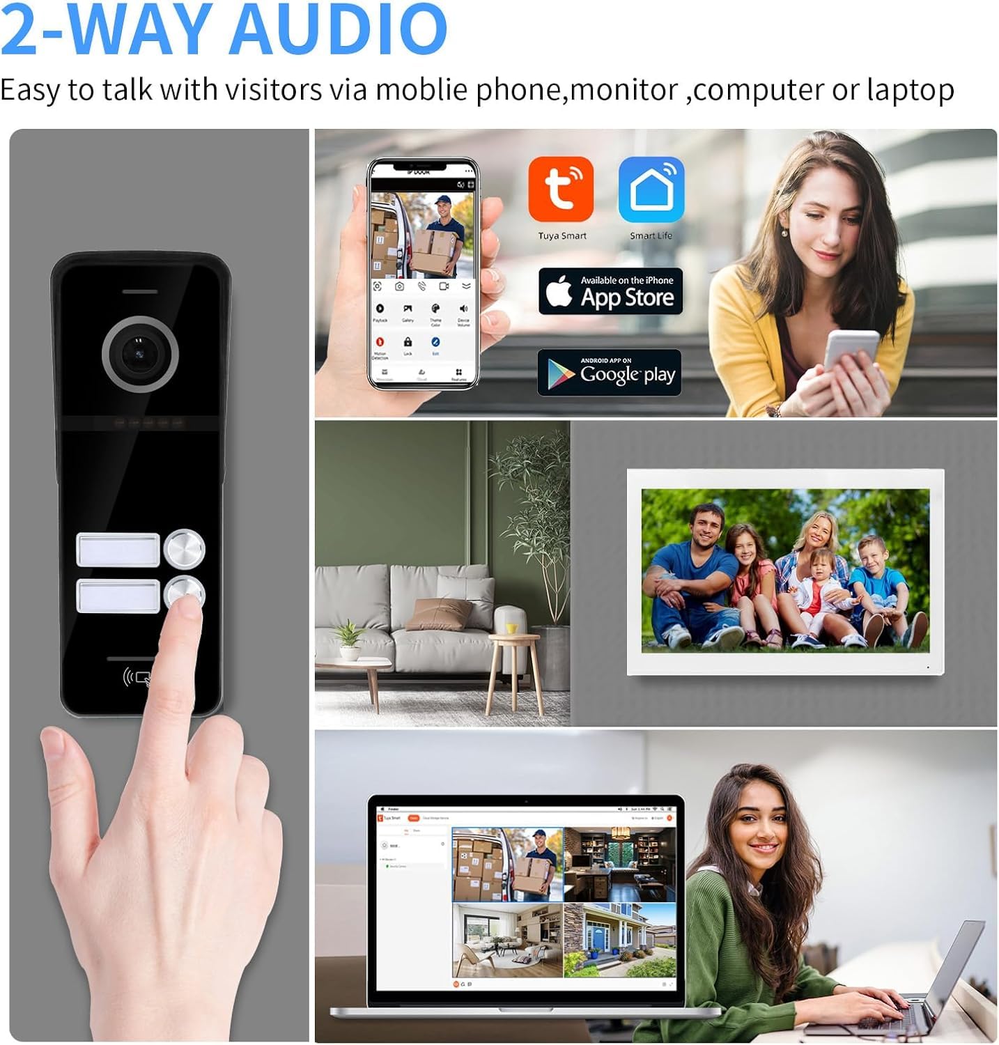 ANJIELO SMART Sistema de videoportero inalámbrico y con cable, 2 unidades de monitor táctil de 10 pulgadas, timbre de video inalámbrico WiFi, desbloqueo 3 en 1, audio de doble vía, blanco y negro