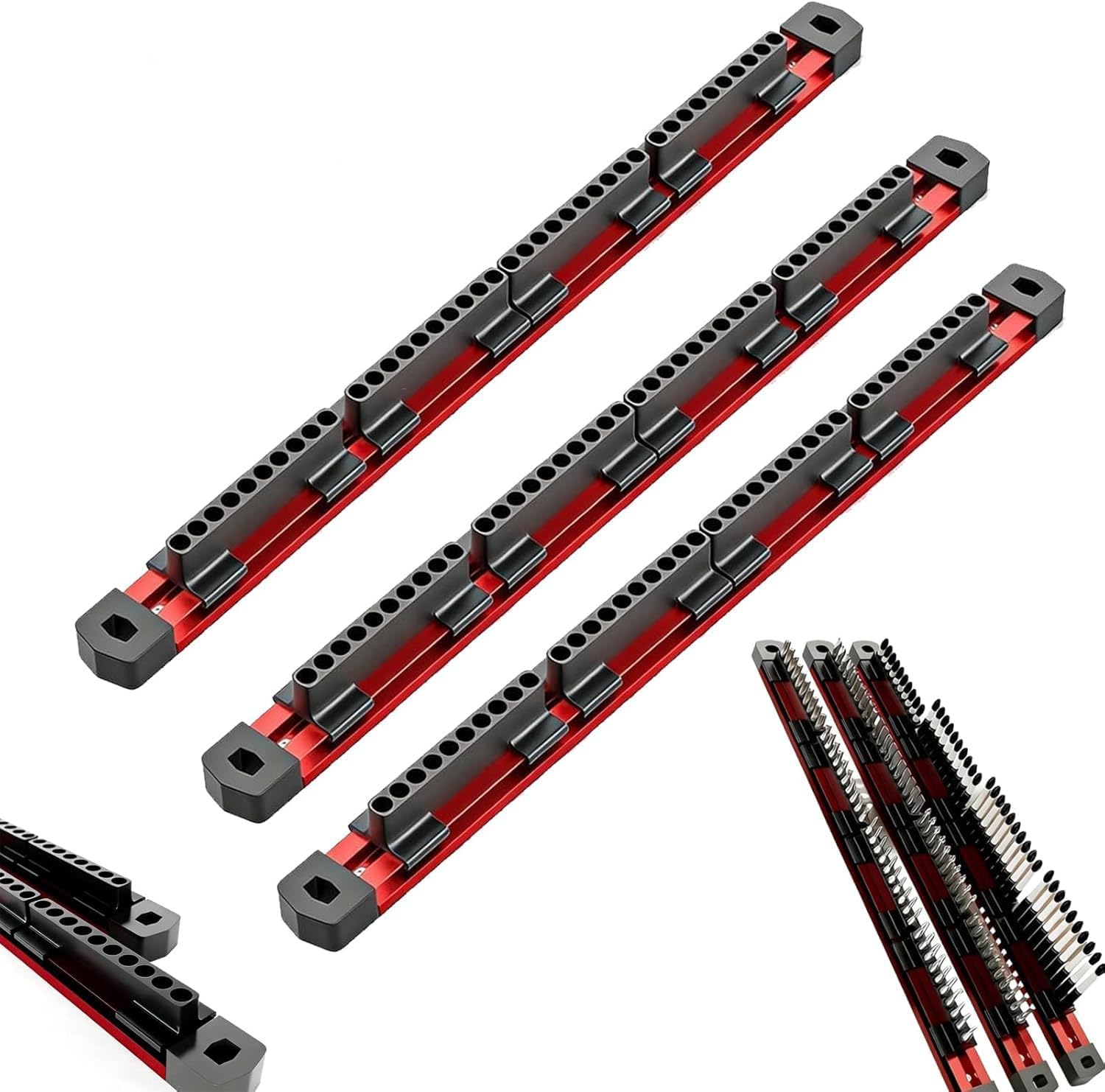 HUHAO Pro-Series Aluminum Magnetic Hex Bit Organizer Sliding Rail Holder,40-Slot 1/4" Drive Holder,Organizer Sliding Rail Heavy Duty Holder,High Strength Magnetic Secure Grip, Storage Fast Access,3pc