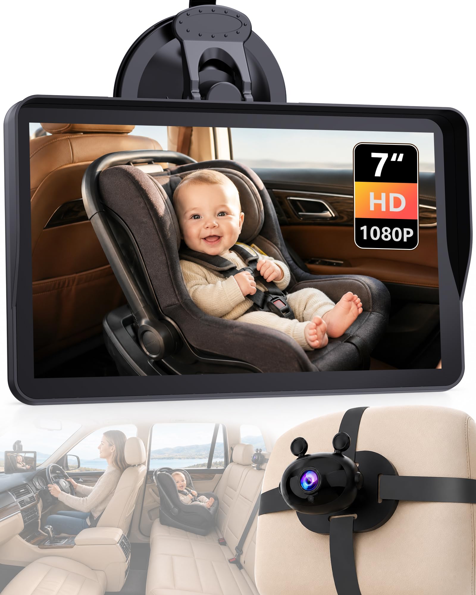 Wkzay 7-calowa kamera samochodowa dla niemowląt: wyświetlacz AHD 1080P z monitorowaniem w czasie rzeczywistym, wyraźny noktowizor, łatwa instalacja, kamera do fotelika samochodowego dla dziecka w