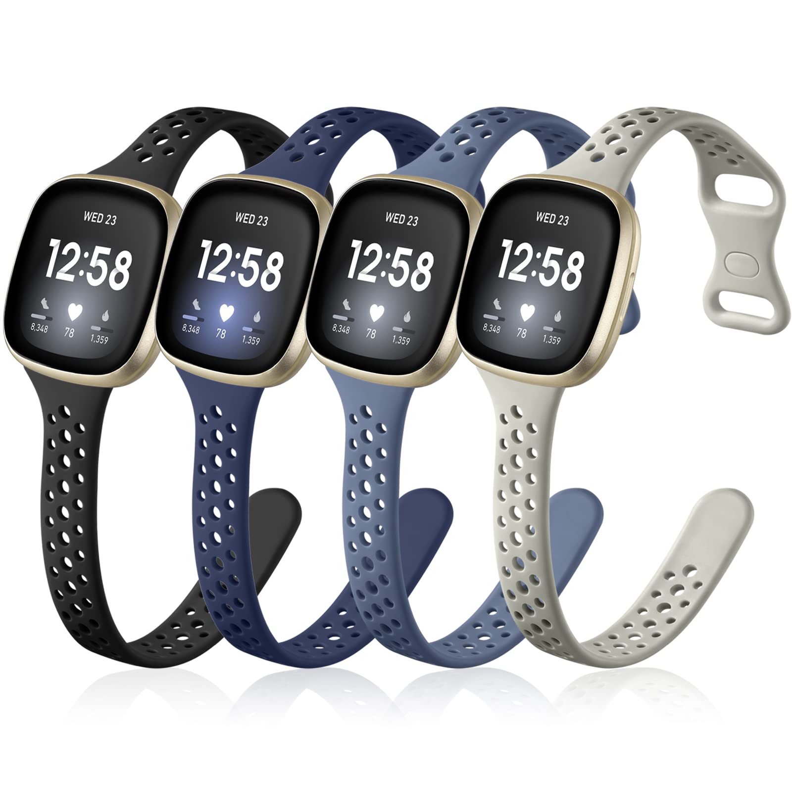 Laffav Compatible with Fitbit Sense Bands/Fitbit Versa 3 4 Bands for Women Men, 4 Pack Durable Soft Silicone Replacement Wristband Slim Sport Strap Wrist Band, Small Large