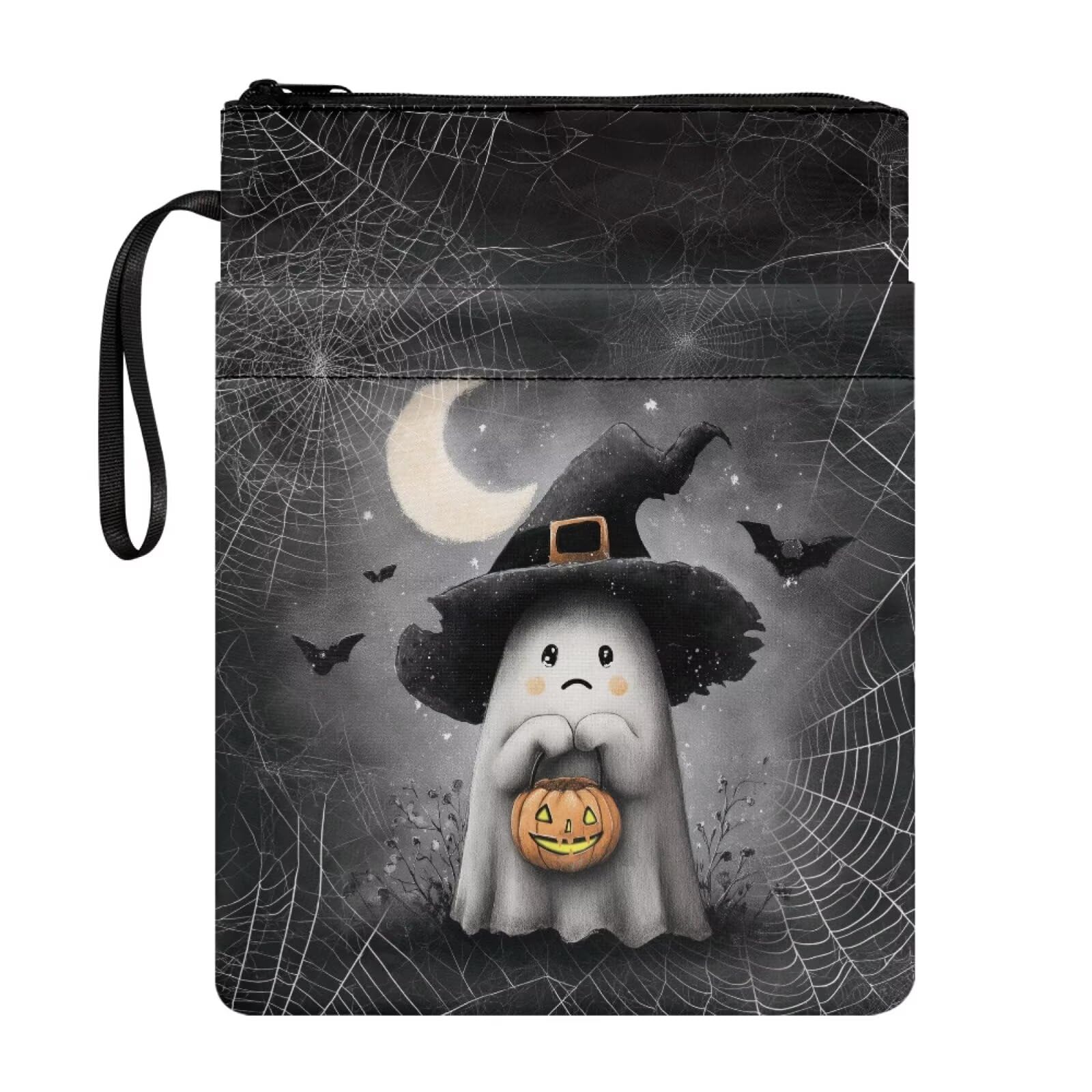 Poceacles Wizard Hat Ghost Halloween Book Cover Sleeve for Paperbacks, Washable Fabric Portable Textbook Protector for Book Lovers, Pumpkin Bat Spider Web Moon Pattern โ image 1