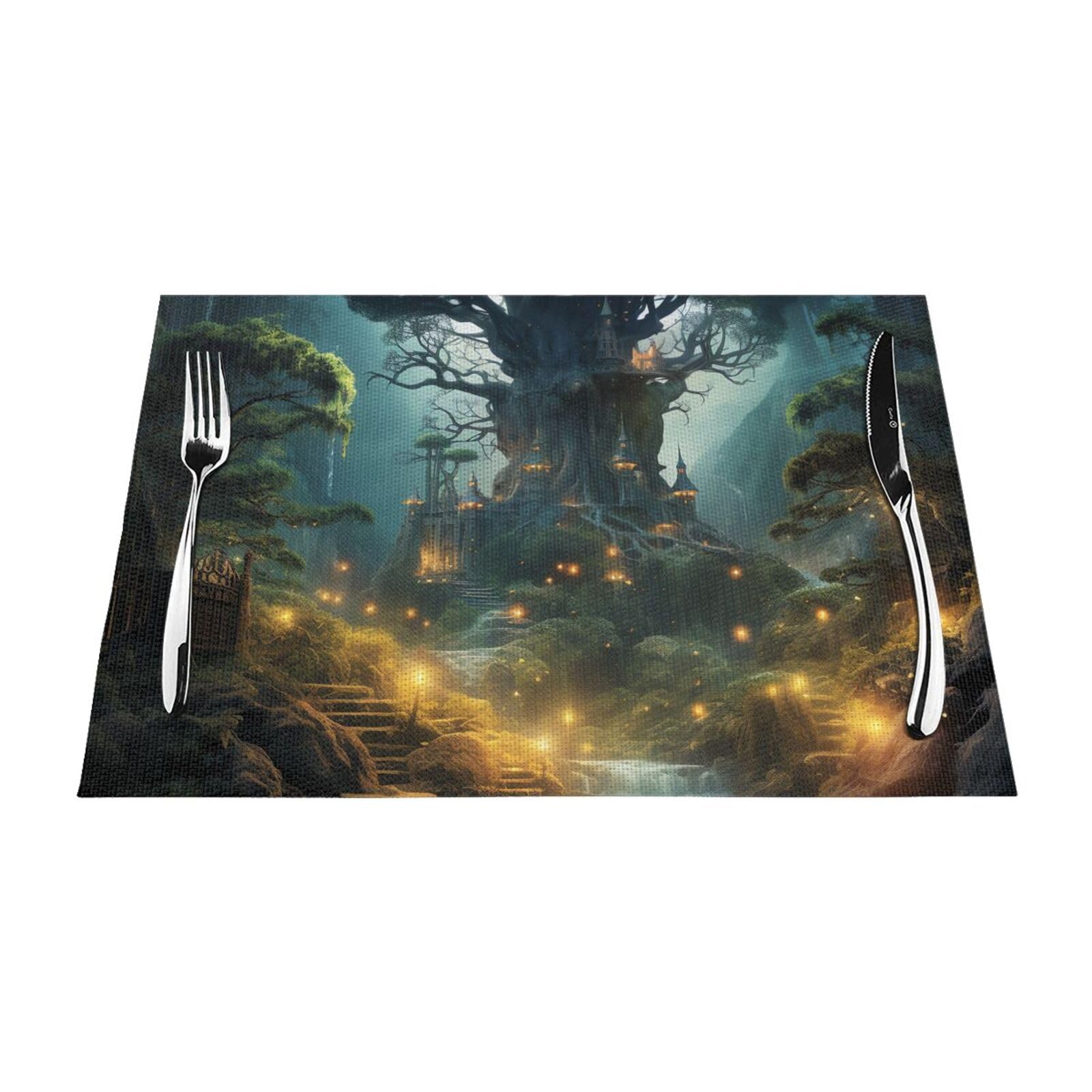 Placemats Set of 1 PC Heat Resistant Non-Slip Place Mats for Dining Table Fantasy Forest Placemats Wipeable Washable PVC Weave Table Mats for Party Kitchen Dining Decor