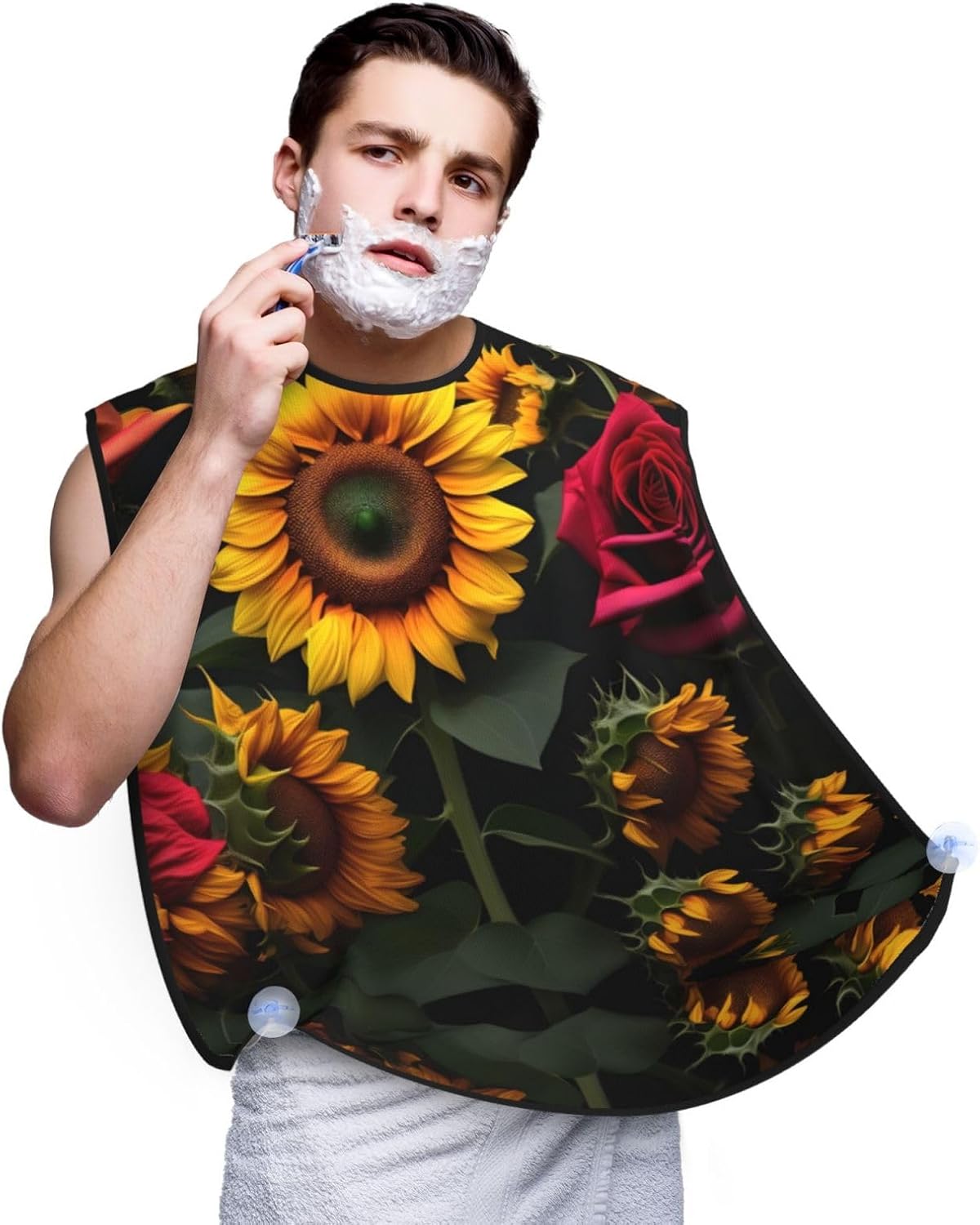 Sunflower Rose Print Beard Bib Apron For Men, Beard Hair Catcher For Men Shaving Trimming,Beard Cape Cloth, Black