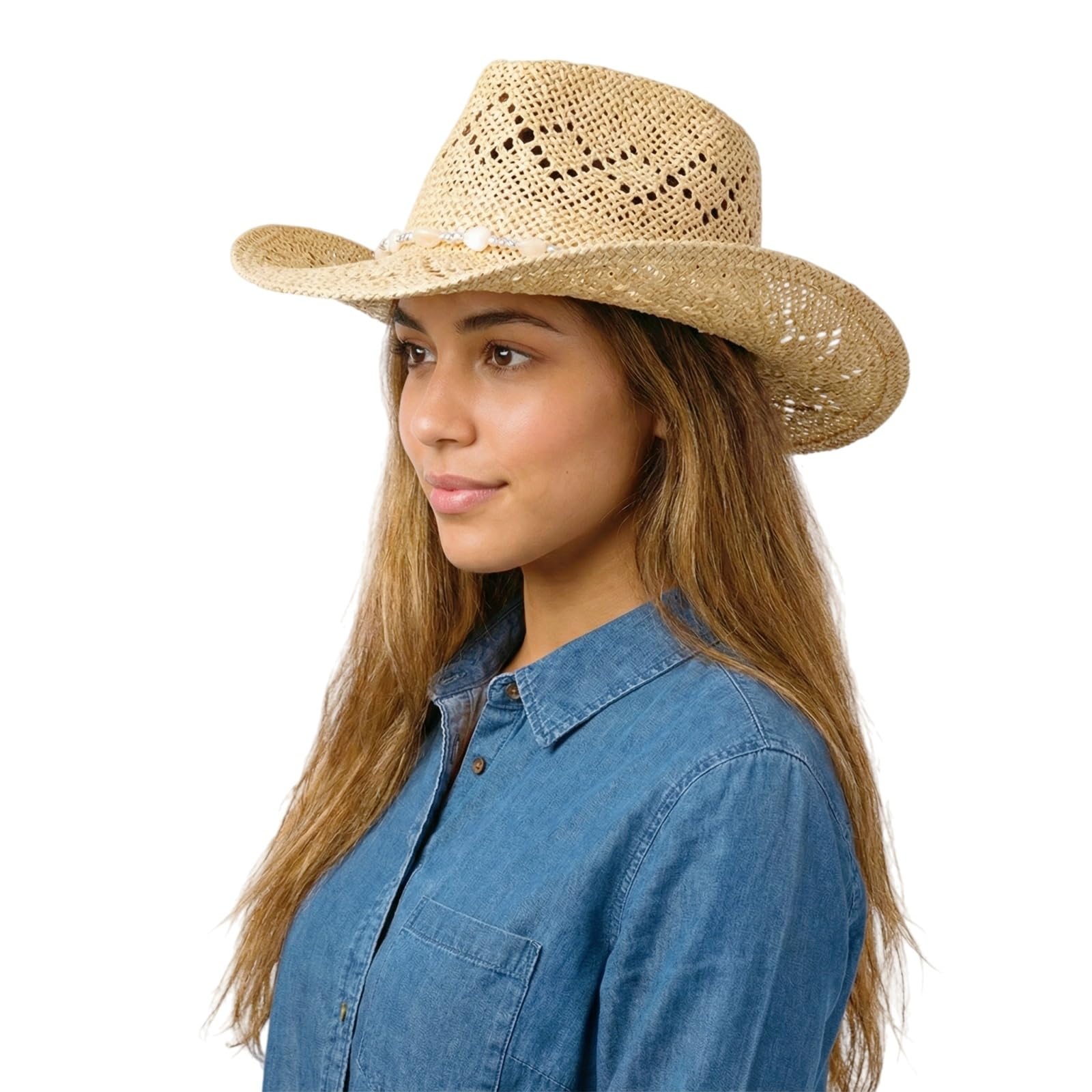 Chapeau de cowboy pour homme et femme - Chapeau de cowboy occidental en paille tissée avec bordure perlée et bord façonnable pour fête, plage